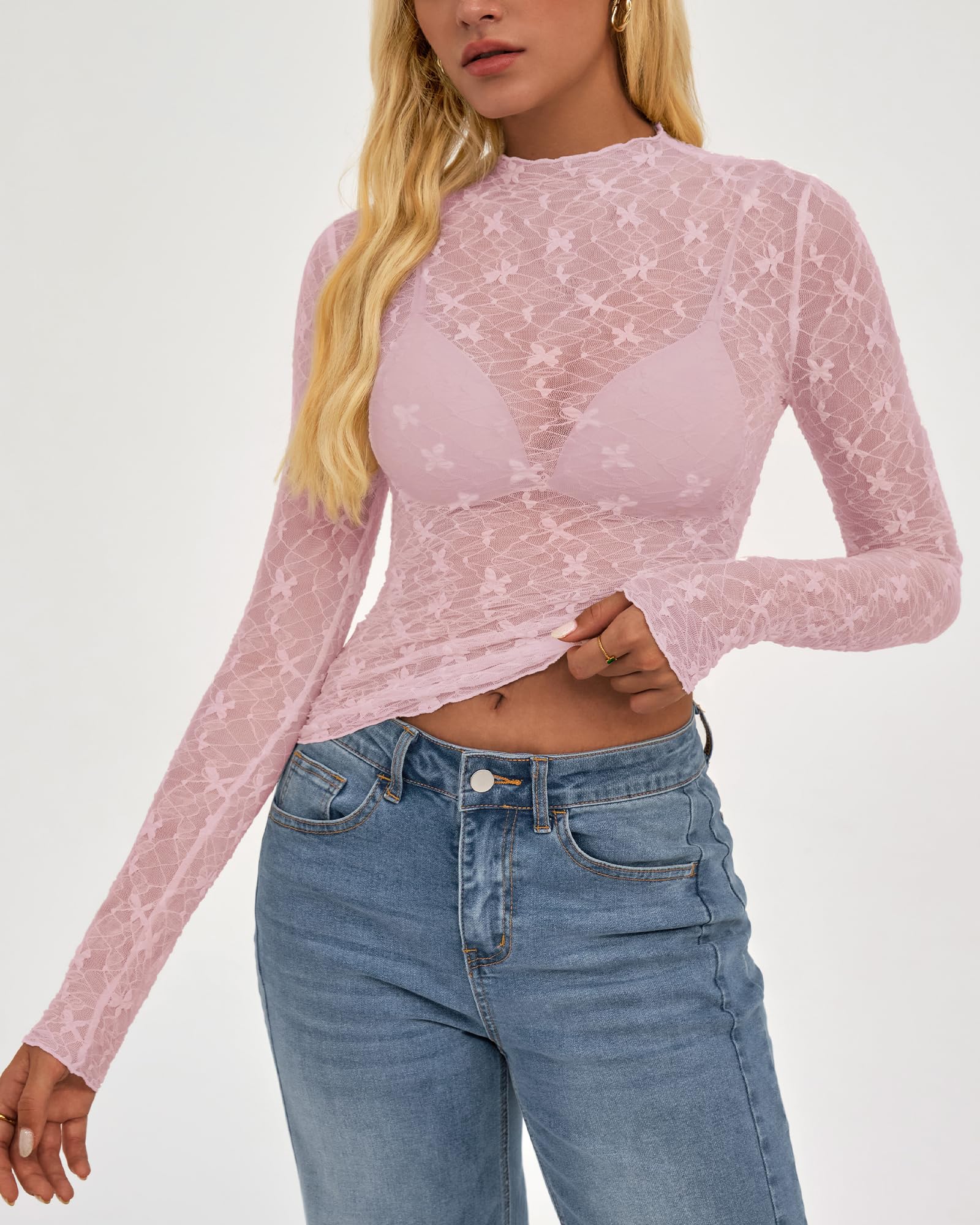BTFBM Womens Tops Mesh Lace Long Sleeve Tops for Women Spring Fall Sheer See Through Tight Party Club Outfits