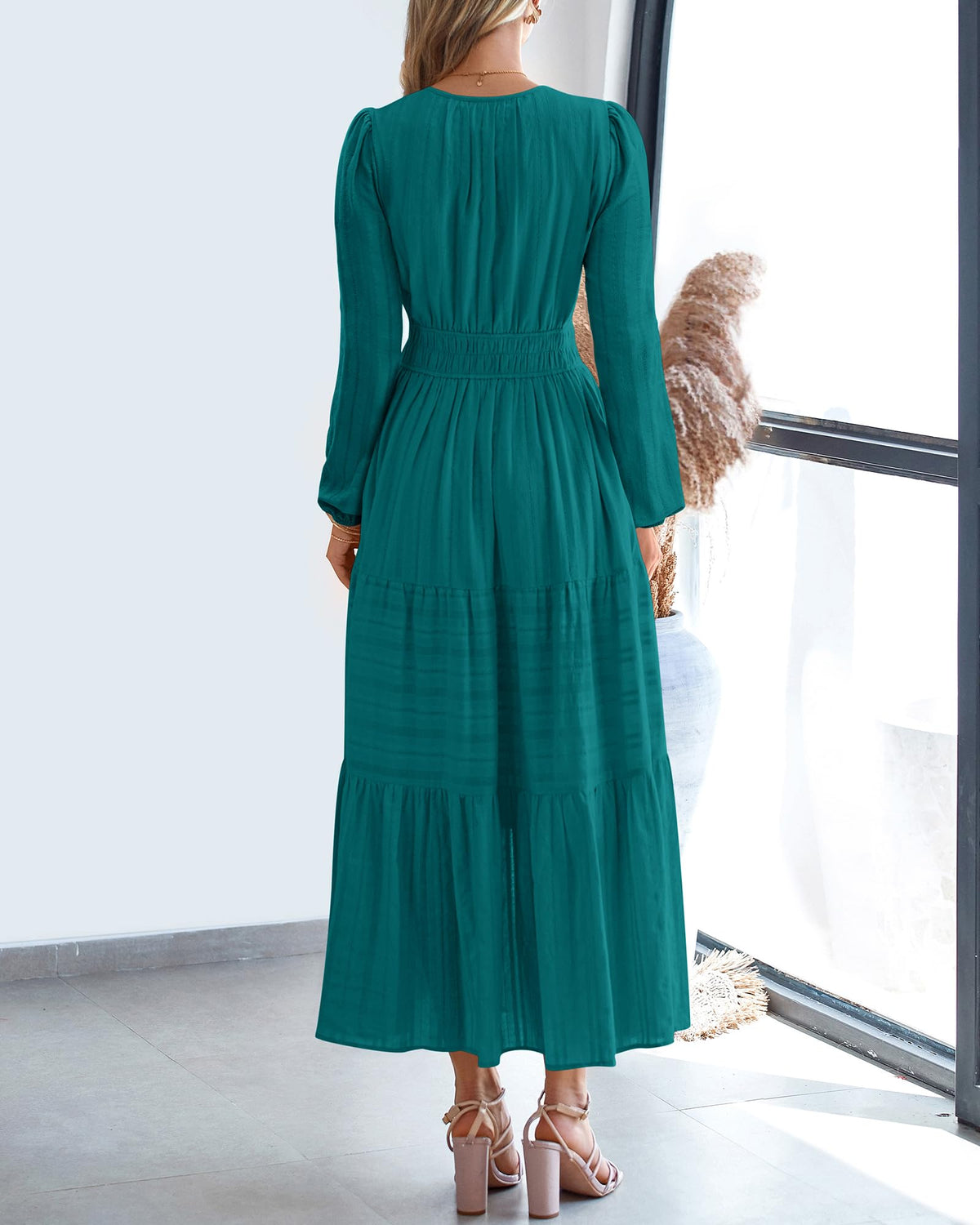 BTFBM Spring Dresses for Women 2026 Casual Long Sleeve V Neck Elastic Waist Lightweight Maxi Wedding Guest Dress Pockets