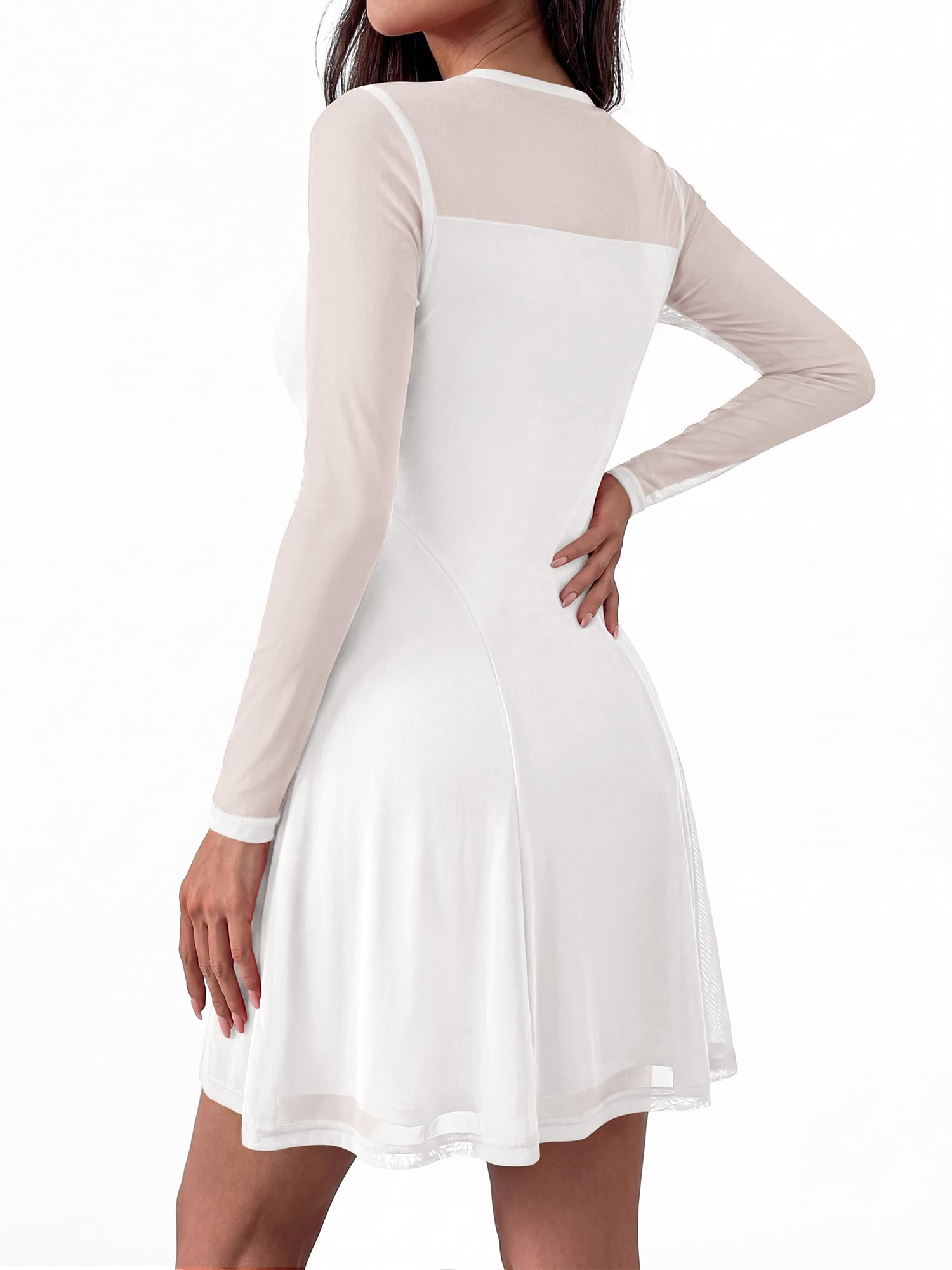 BTFBM Women’s Mini Dress Sheer Mesh Long Sleeve Crew Neck Flowy A Line Casual Cocktail Party Going Out Dresses Fall