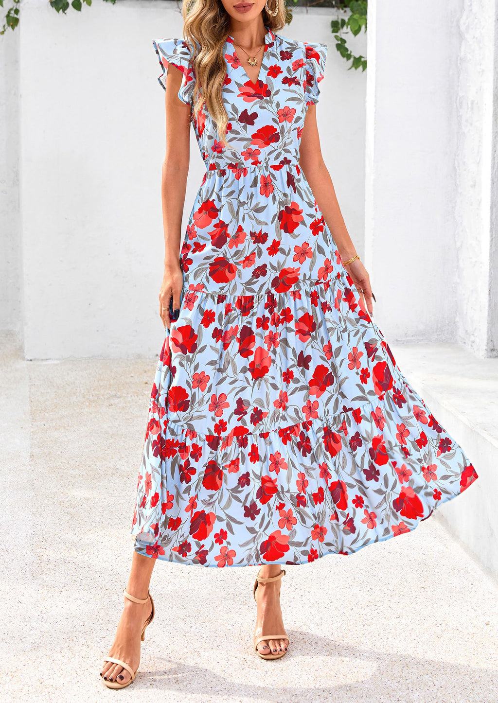Visit the PRETTYGARDEN Store PRETTYGARDEN Women's Summer Floral Midi Dress Cap Sleeve V Neck Ruffle Long Flowy Boho Casual Beach Vacation Dresses