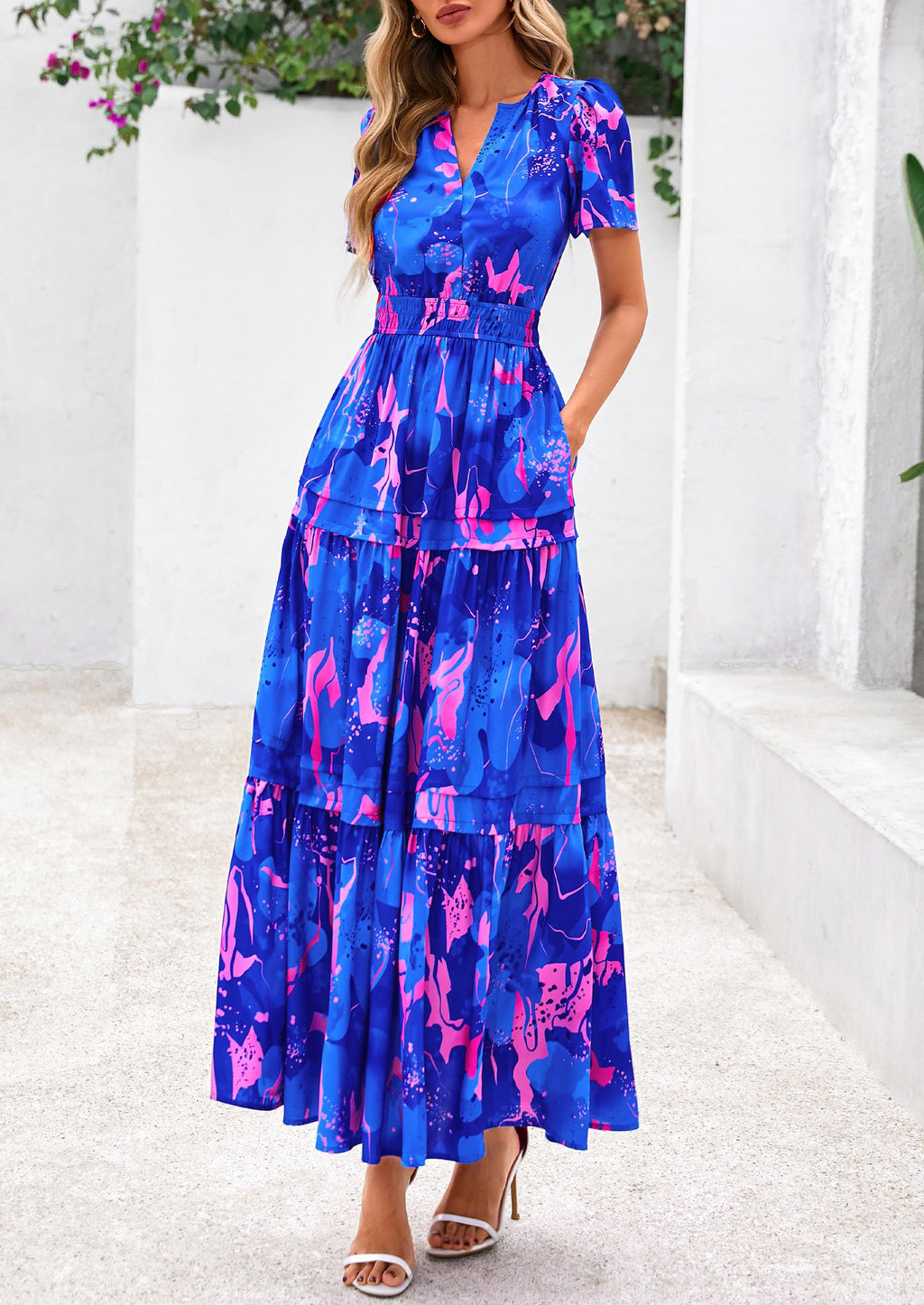PRETTYGARDEN Summer Maxi Dresses for Women  Casual V Neck Puff Short Sleeve Smocked Flowy Beach Boho Long Floral Dress