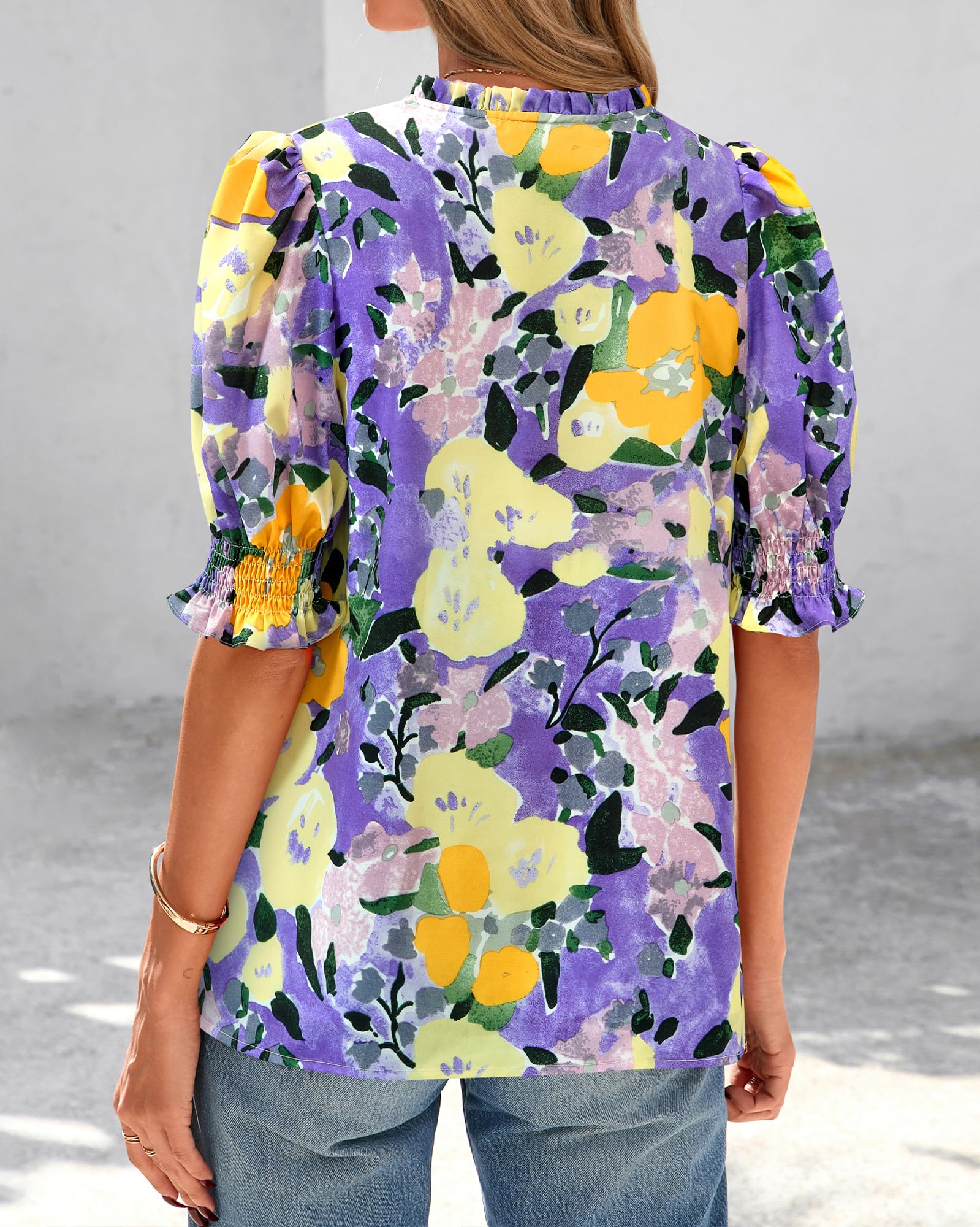 BTFBM Summer Blouses for Women Dressy Casual Fashion Spring Tops Floral Boho V Neck Puff Short Sleeve Top Shirts