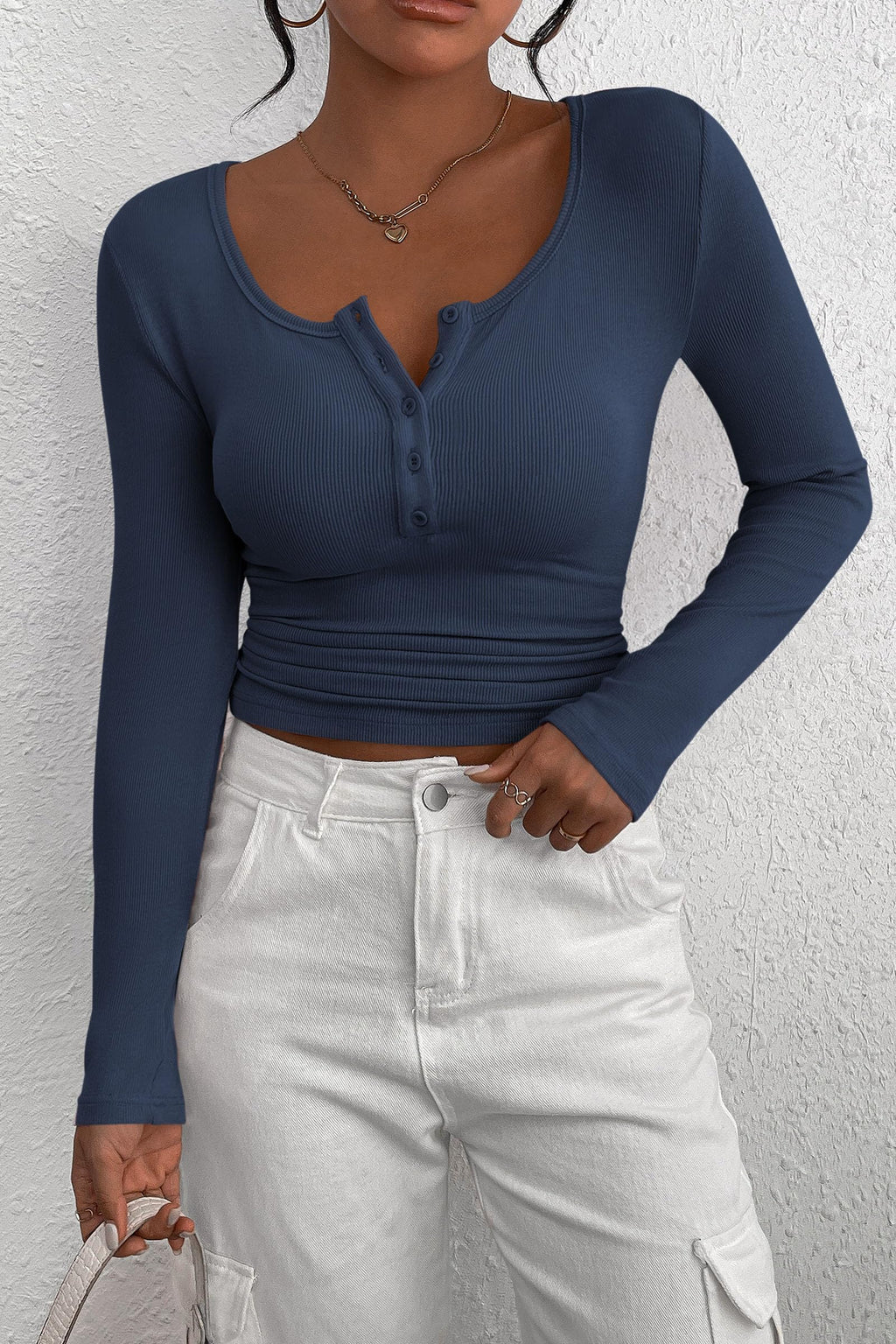 PRETTYGARDEN Women's Fall Long Sleeve Henley T Shirts Button Ribbed Knit Slim Fit Basic Tops Blouse Casual Outfits