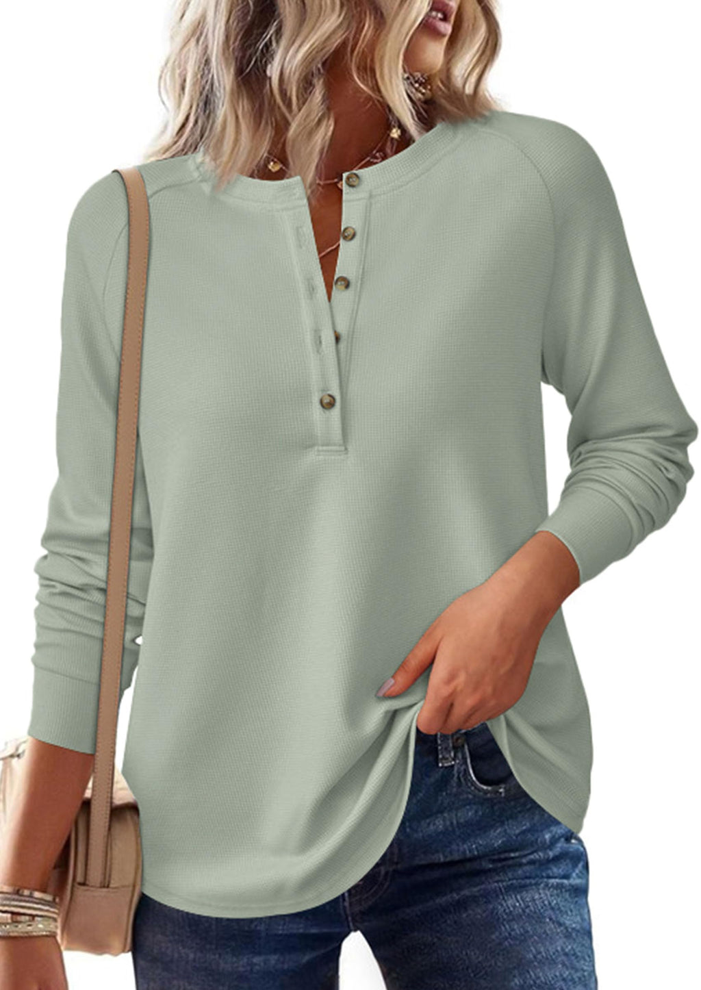 PRETTYGARDEN Women's Long Sleeve Waffle Knit Shirts Fall Casual Button Up Henley V Neck Tunic Tops Loose Fit Basic Tees