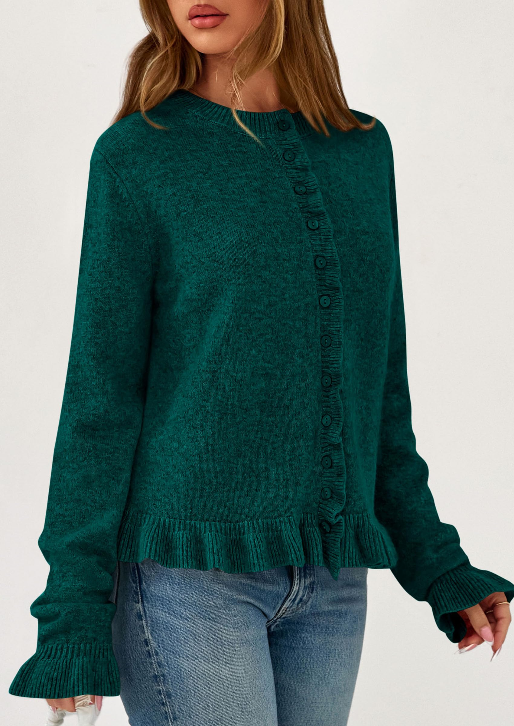 PRETTYGARDEN Womens Fall Button Down Cardigans Chunky Knit Ruffle Open Front Cropped Cardigan Sweaters Soft Long Sleeve Tops