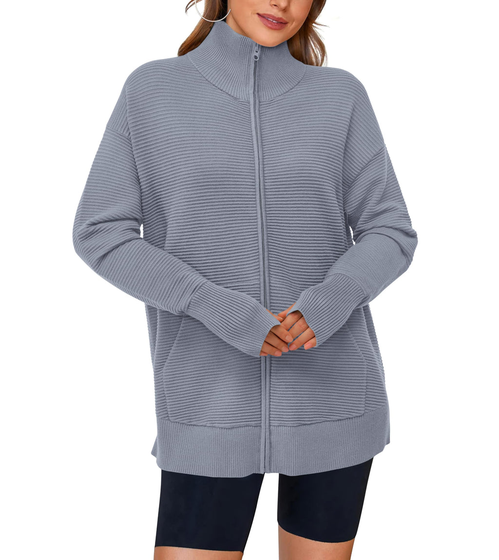 PRETTYGARDEN Womens Fall Long Sleeve Zip Up Cardigan Sweaters Casual Loose Collared Ribbed Knit Tops Jackets Thumb Hole