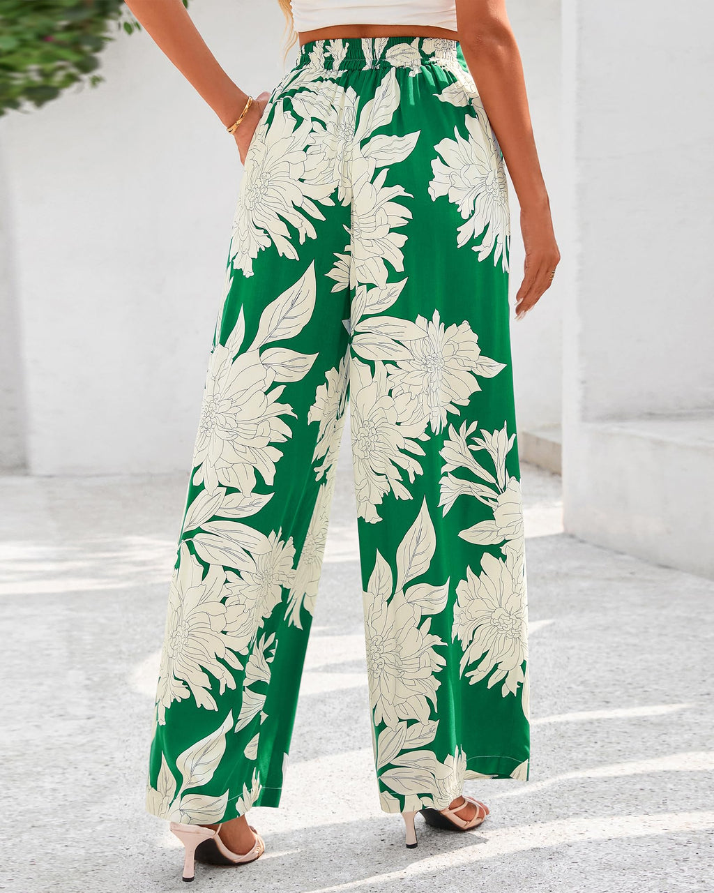 FreshPretty Womens Wide Leg Summer Pants Boho Beach Vacation Loose Elastic Waist Printed Palazzo Pant Pockets