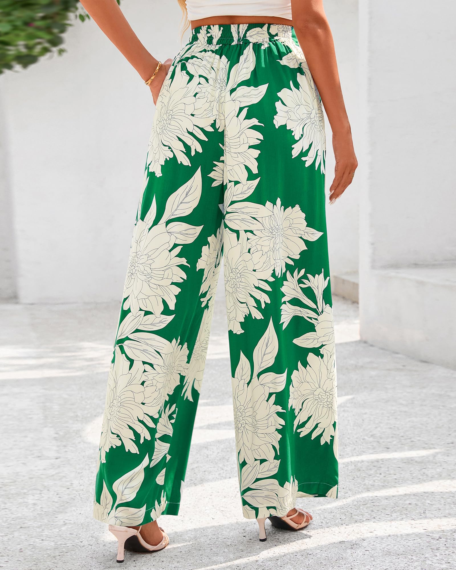 FreshPretty Womens Wide Leg Summer Pants Boho Beach Vacation Loose Elastic Waist Printed Palazzo Pant Pockets