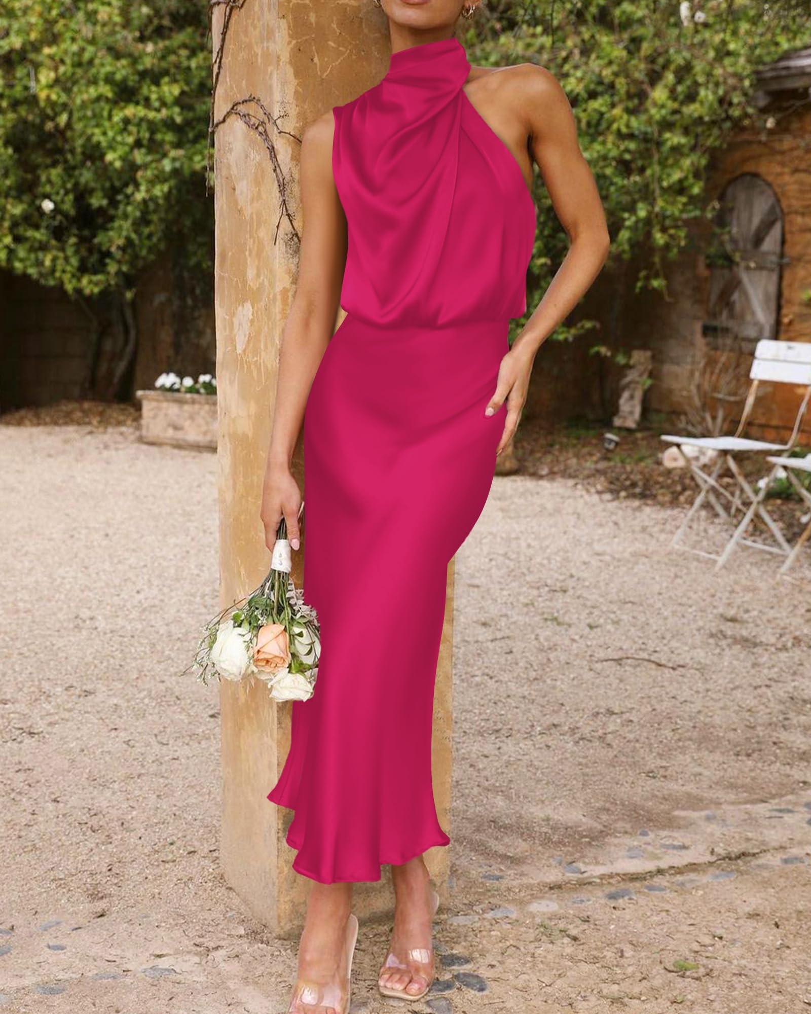 BTFBM Cocktail Dresses for Women Summer Satin Silk Sleeveless Mock Neck Maxi Wedding Guest Dress Spring Outfits