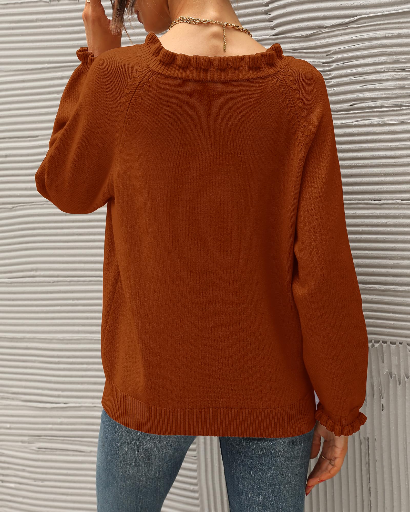 FreshPretty Womens Sweaters Fall Winter Clothes Long Sleeve Button Down Ruffle Crew Neck Casual Knitted Pullover Tops