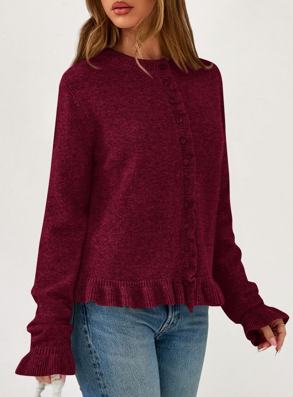 PRETTYGARDEN Womens Fall Button Down Cardigans Chunky Knit Ruffle Open Front Cropped Cardigan Sweaters Soft Long Sleeve Tops