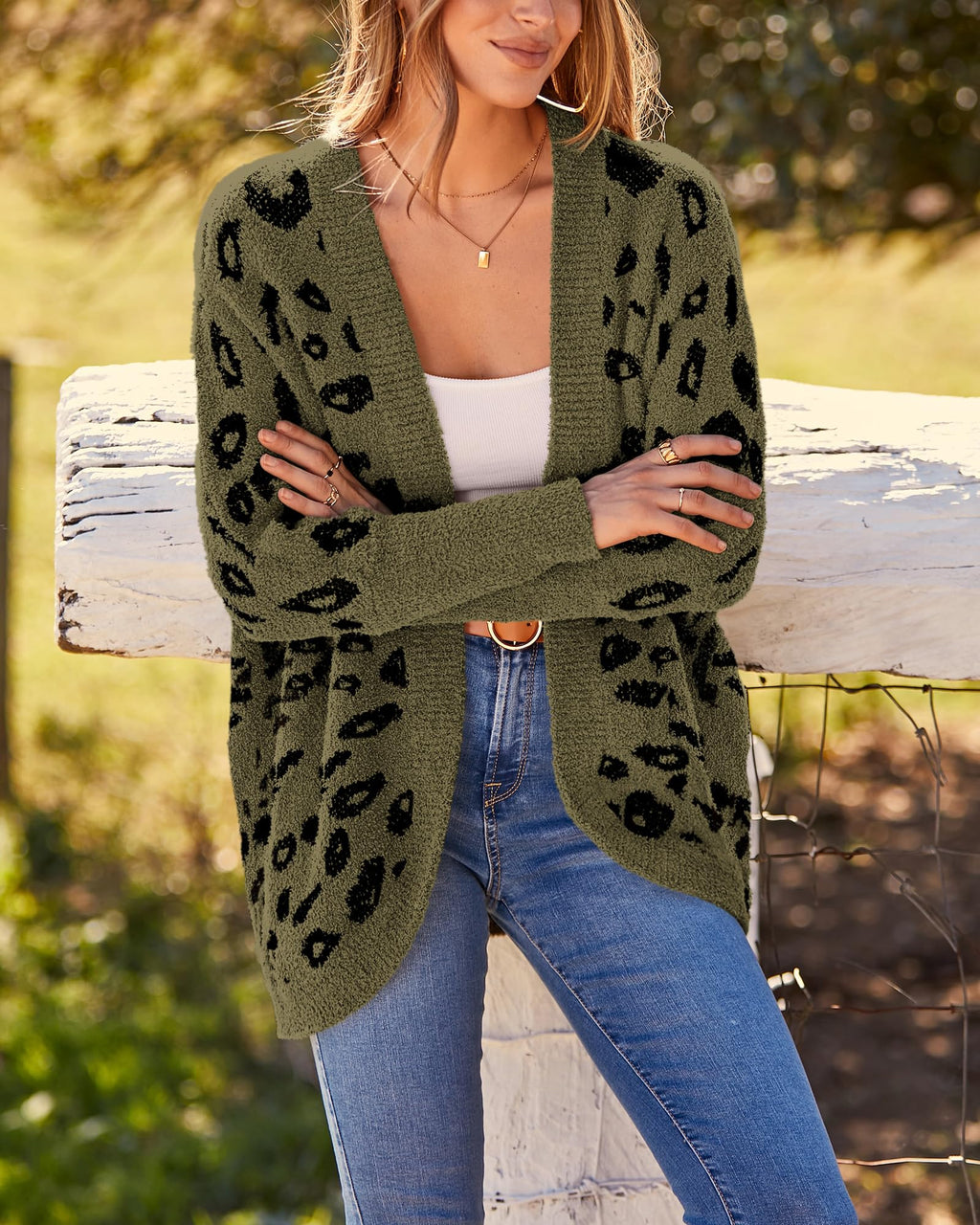 BTFBM Leopard Cardigan for Women Long Sleeve Open Front Cardigans Sweaters Pockets Loose Knit Fall Spring Outwear