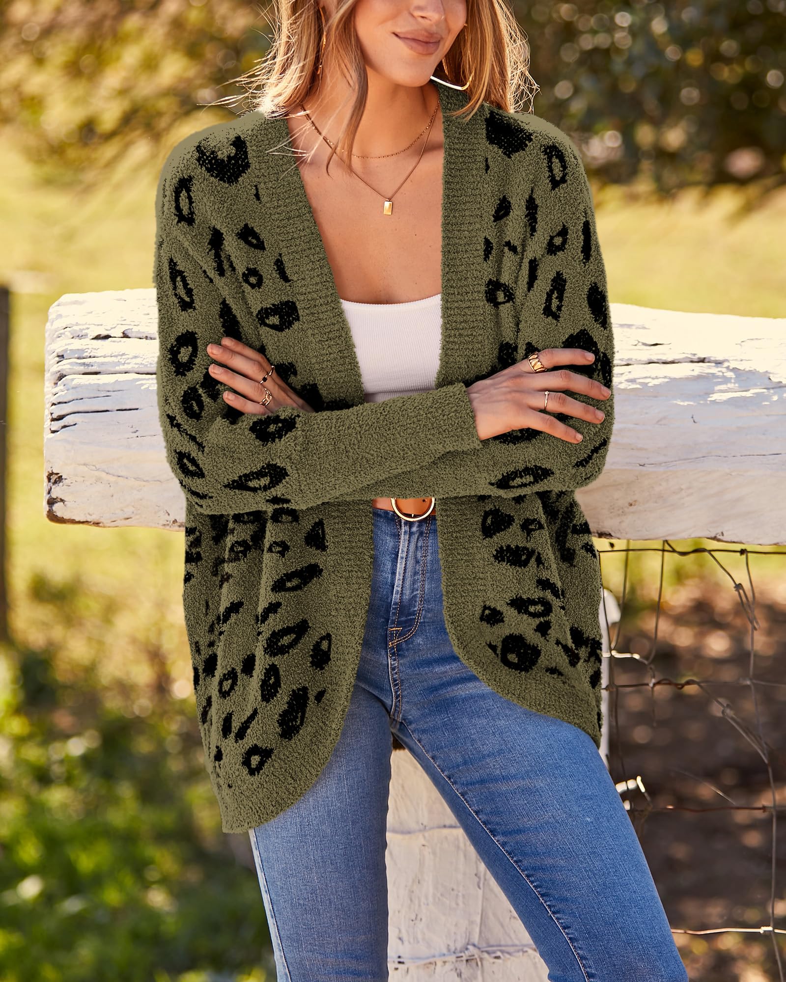 BTFBM Leopard Cardigan for Women Long Sleeve Open Front Cardigans Sweaters Pockets Loose Knit Fall Spring Outwear