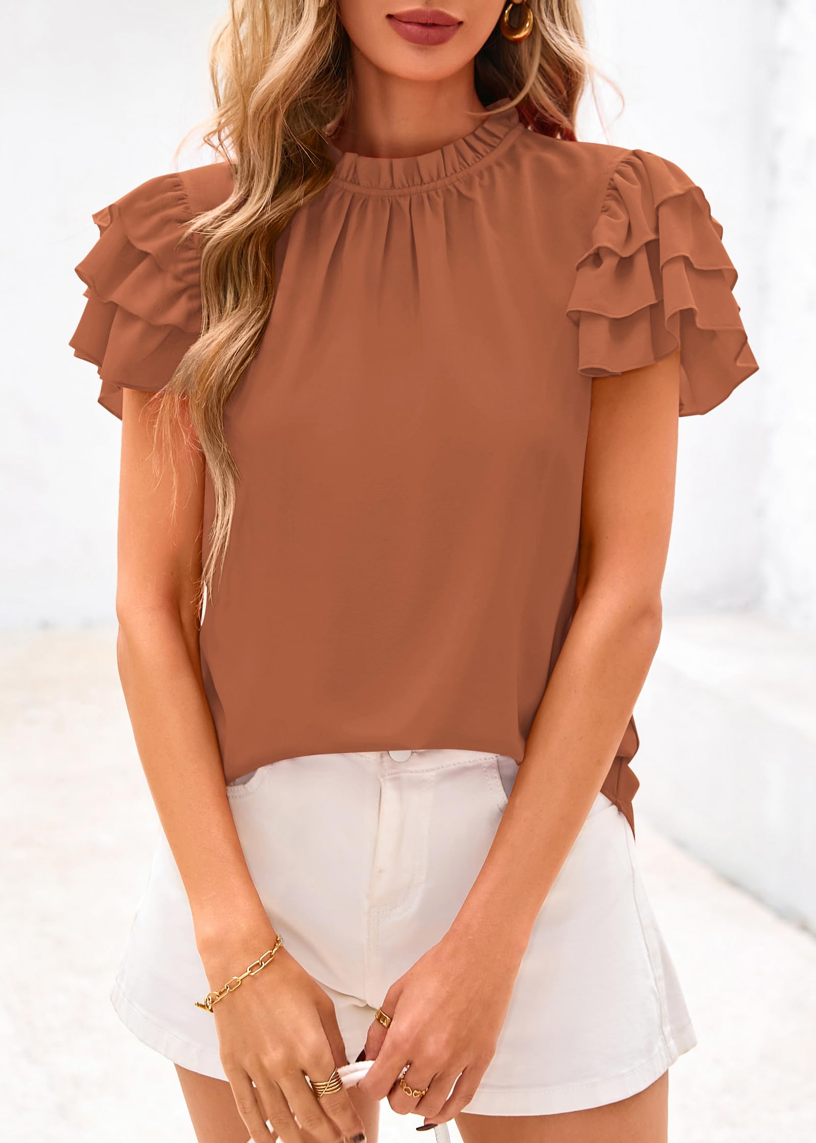 FreshPretty Blouses for Women Dressy Casual Spring Summer Ruffle Short Sleeve Mock Neck Work Shirts Tops Fashion Clothing