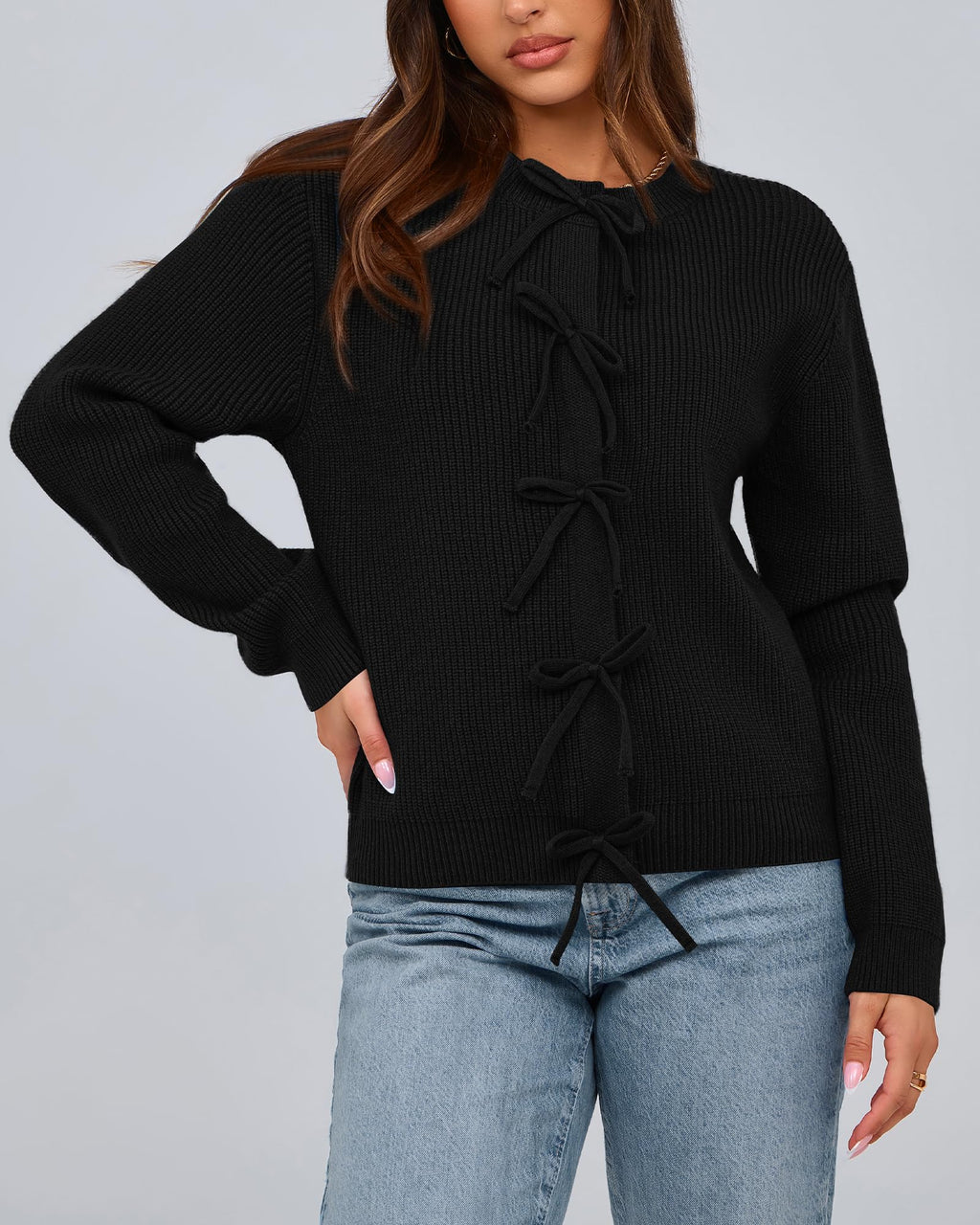 BTFBM Bow Cropped Cardigan Sweaters for Women Fall Winter Open Front Sweater Long Sleeve Button Fashion Spring Clothes