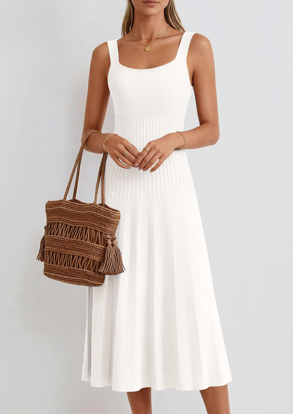 PRETTYGARDEN Spring Dresses for Women Summer Casual Sleeveless Square Neck A Line Knit Pleated Midi Cocktail Party Dress