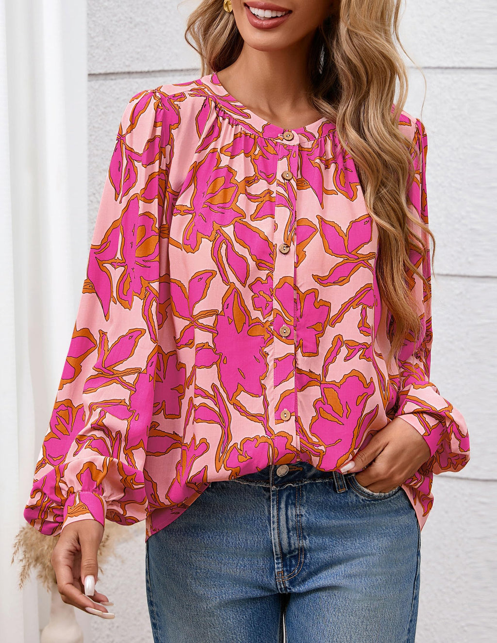 PRETTYGARDEN Women's Floral Button Down Blouse Fall Fashion Dressy Casual Long Sleeve Oversized Shirts Top Boho Clothes