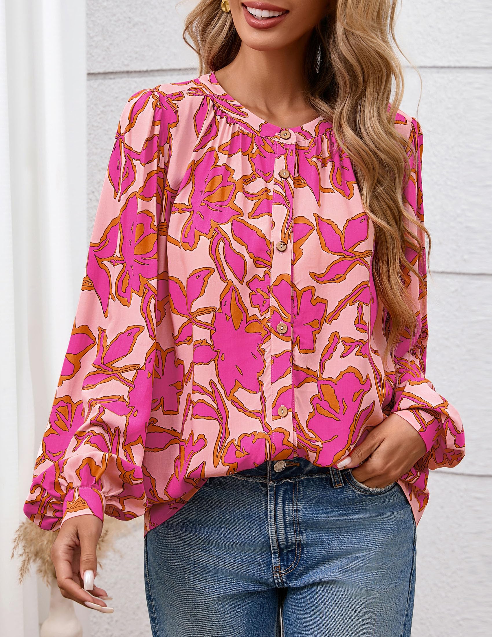 PRETTYGARDEN Women's Floral Button Down Blouse Fall Fashion Dressy Casual Long Sleeve Oversized Shirts Top Boho Clothes