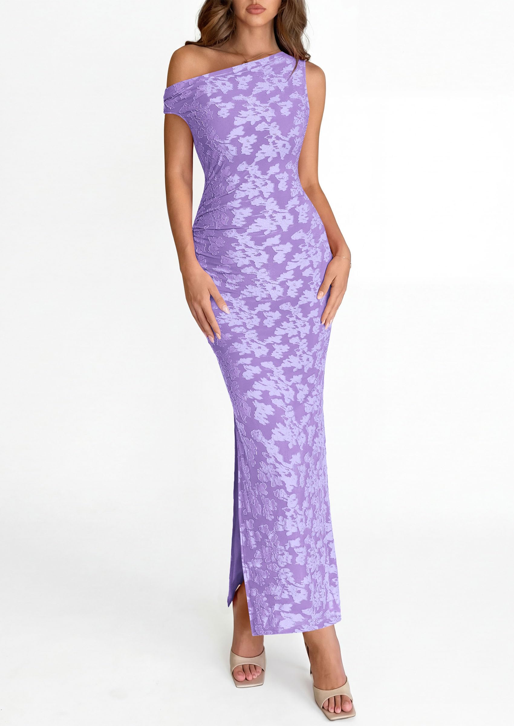 PRETTYGARDEN Womens Floral One Shoulder Maxi Dress Summer Spring Bodycon Ruched Side Slit Elegant Cocktail Party Dresses