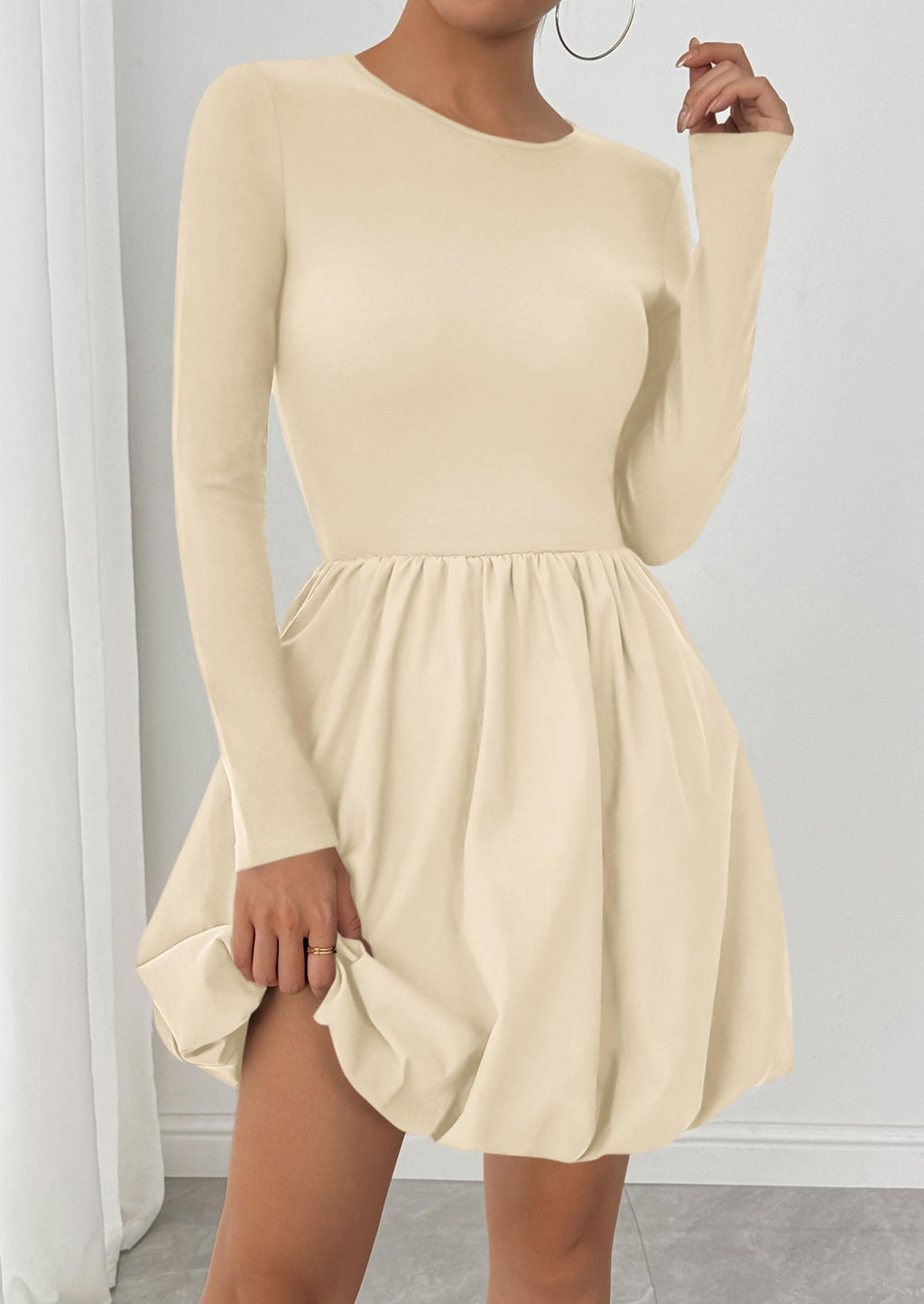 PRETTYGARDEN Fall Dresses for Women Casual Long Sleeve Bubble Cute Crew Neck A Line Mini Short Dress with Pockets
