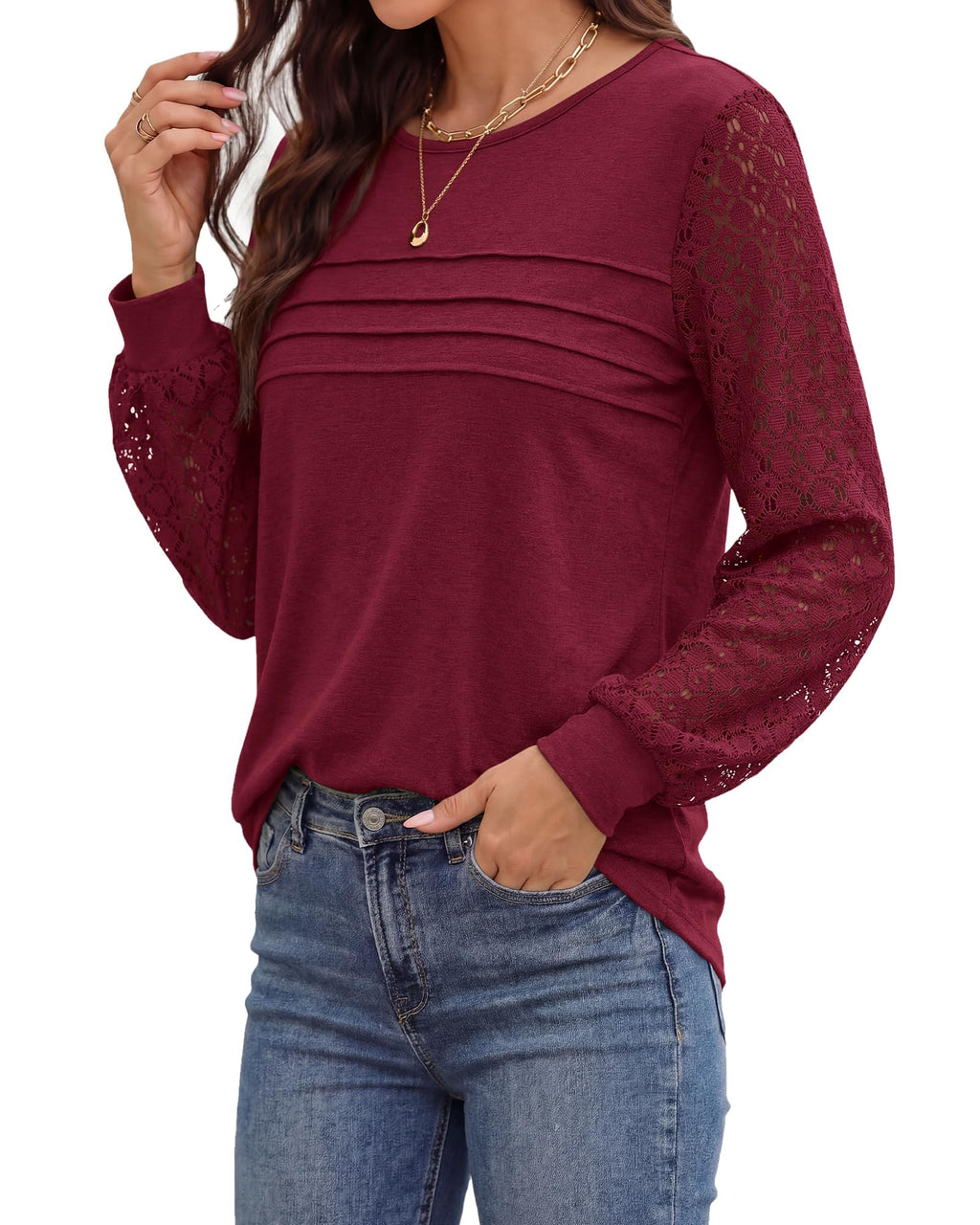 BTFBM Women's Long Sleeve Shirts Dressy Lace Fall Tops Trendy Business Casual T-Shirts Cute Work Outfits Blouses