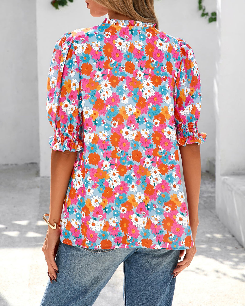 FreshPretty Summer Blouses for Women Dressy Casual  Fashion Spring Tops Floral Boho V Neck Puff Short Sleeve Top Shirts