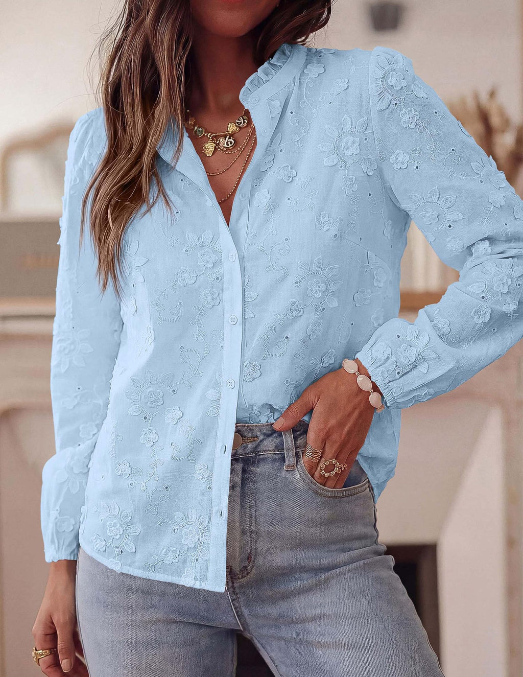 PRETTYGARDEN Women's Floral Embroidered Button Down Shirts | Ladies Dressy Fall Blouses, Long Sleeves, Ruffle Neck, Elegant Boho Eyelet Tops for Work, Business & Spring Casual Outings