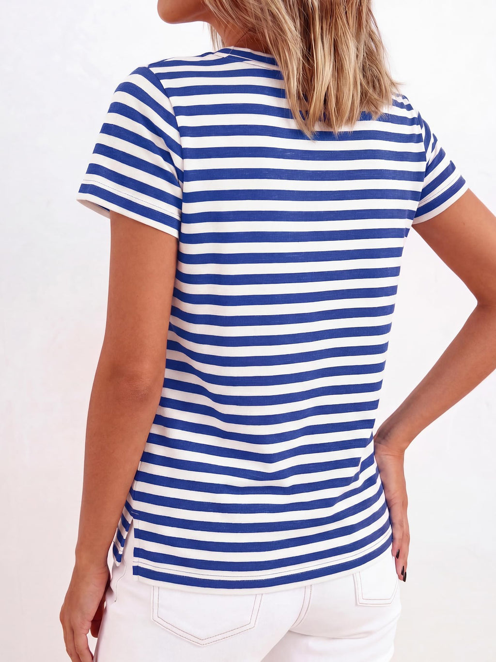BTFBM Tops for Women Trendy Summer Crew Neck Short Sleeve T Shirts Striped Casual Vacation Blouse Basic Tee