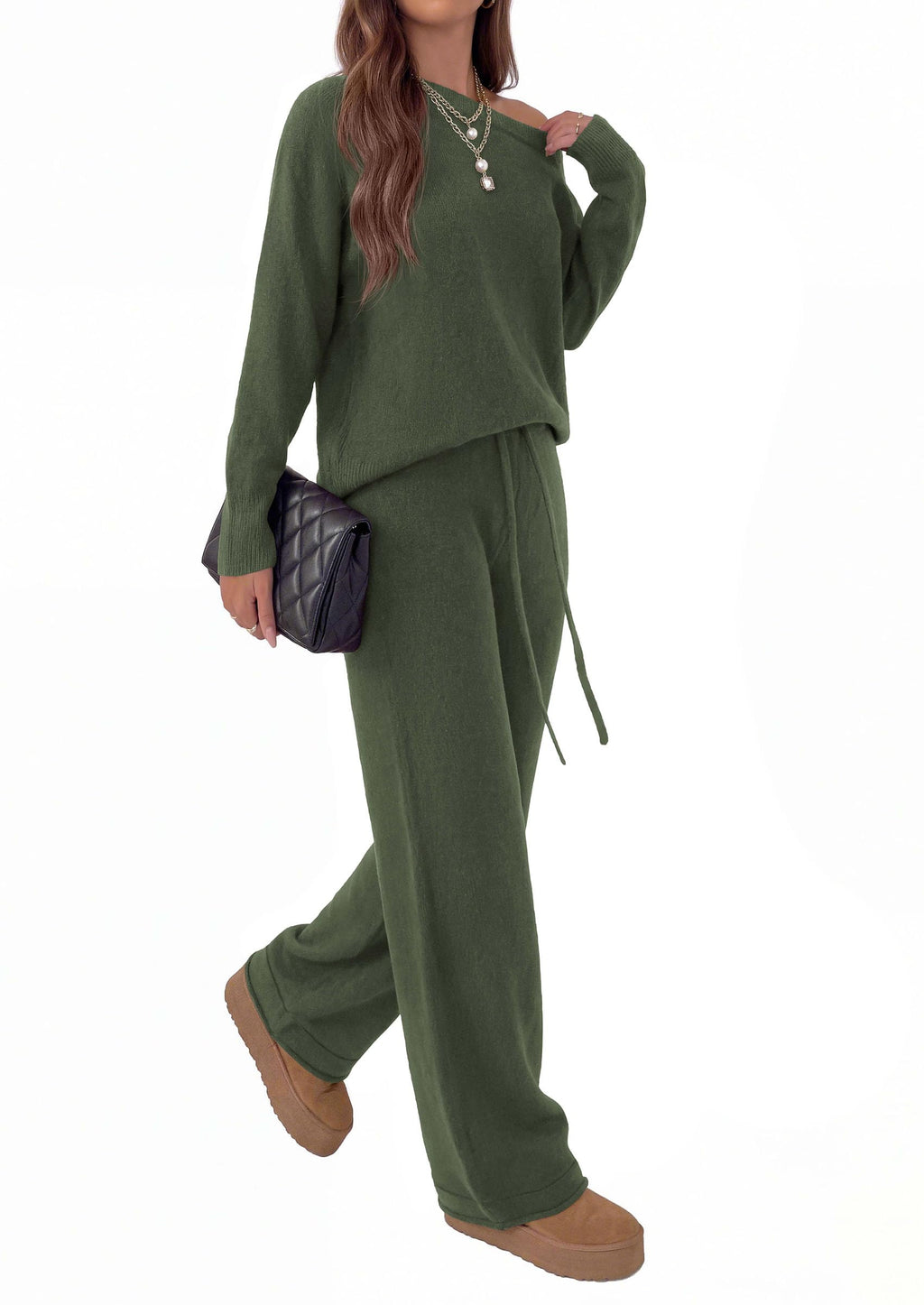 PRETTYGARDEN Lounge Sets Womens Sweaters Two Piece Outfits Cozy Boat Neck Long Sleeve Tops, Wide Leg Pants with Drawstring, Casual Fall Fashion Airport & Travel, Knit Matching Set