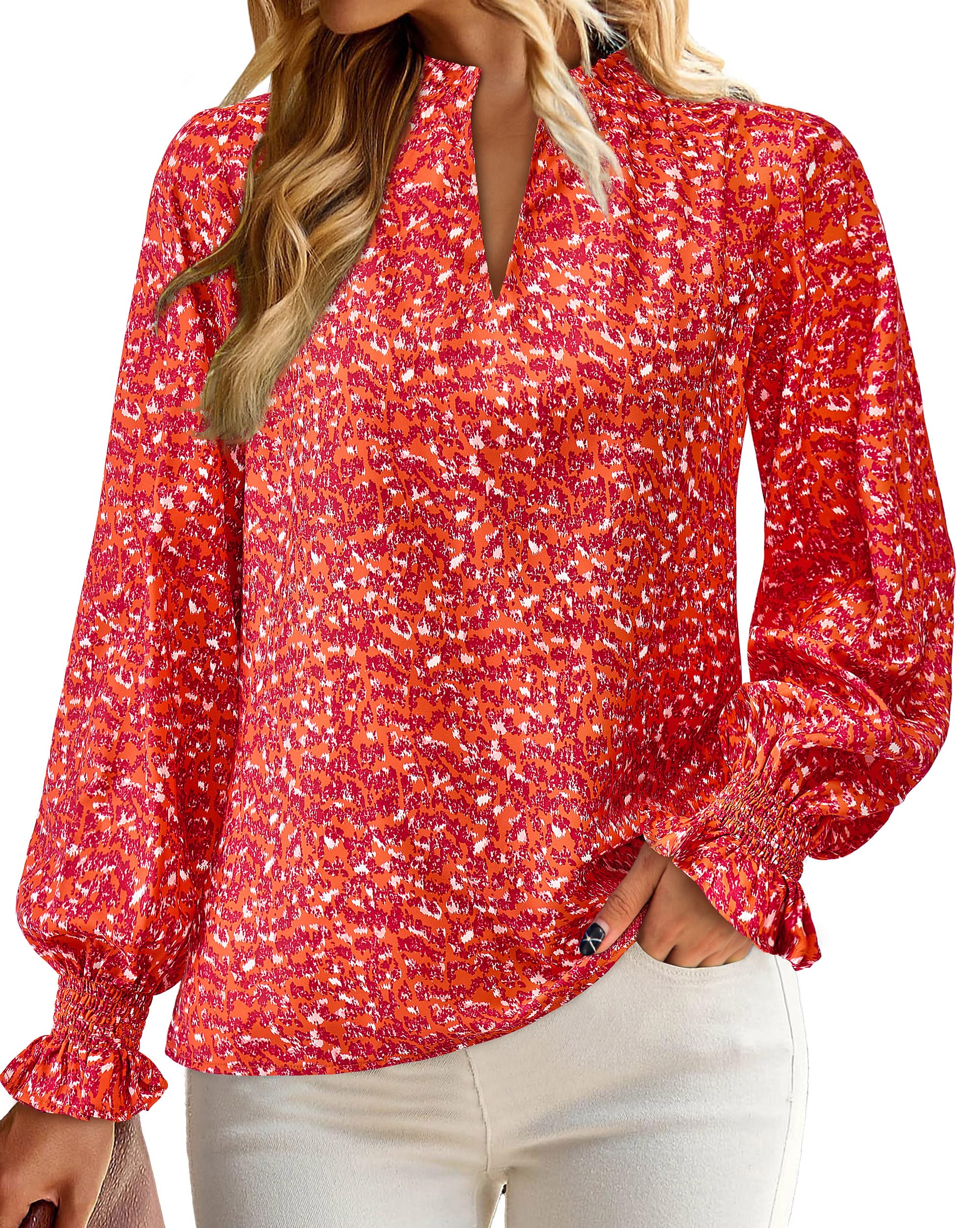 FreshPretty Womens V Neck Floral Long Sleeve Tops Summer Casual Loose Puff Sleeve Chiffon Boho Work Blouse Dressy T Shirts
