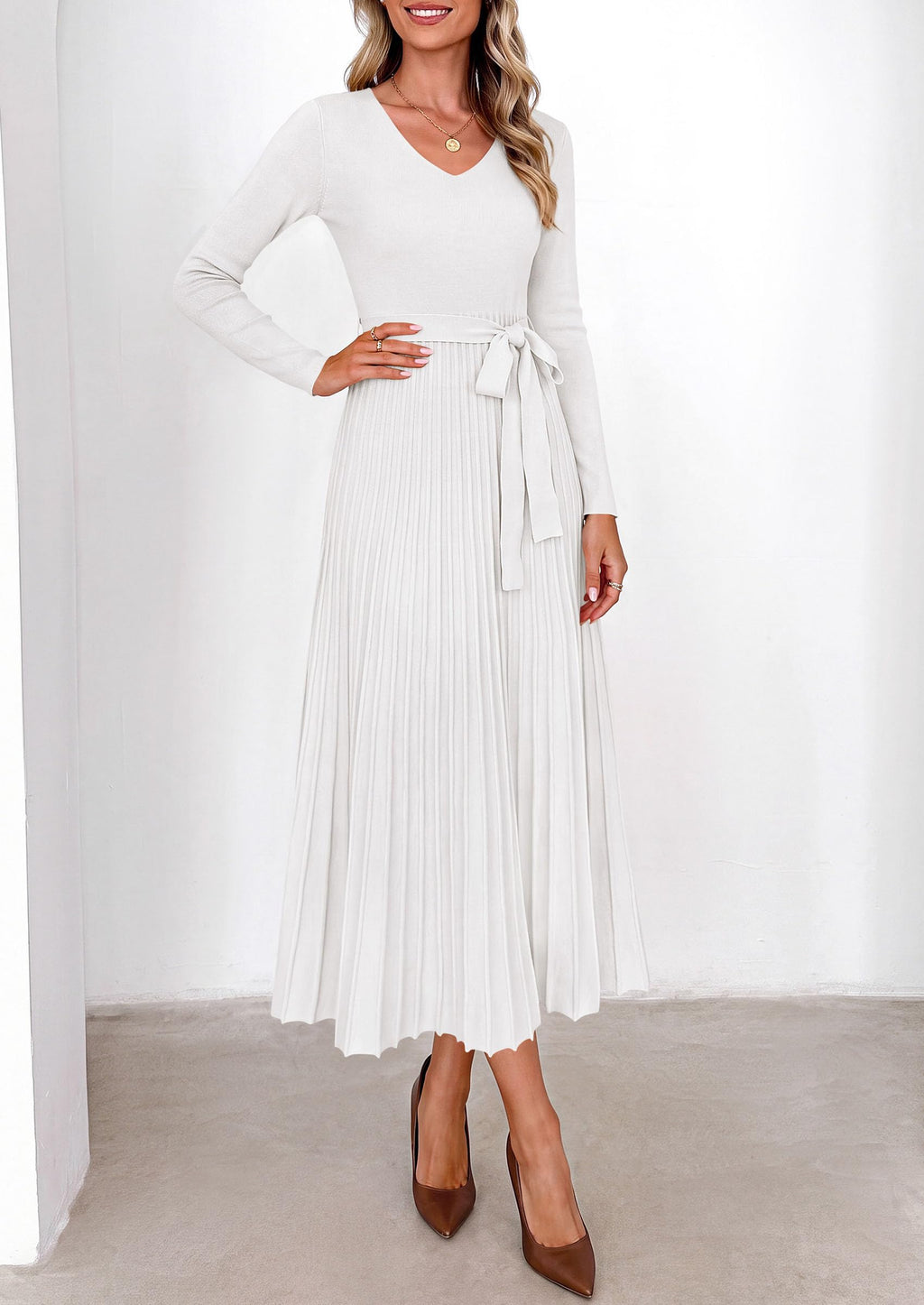 PRETTYGARDEN Womens Fall Maxi Long Sleeve Sweater Dress Soft Stretchy Knit, V Neck A Line Dresses with Bow, Flowy Pleated Hem, Cocktail Party Outfits, Trendy Winter Clothes