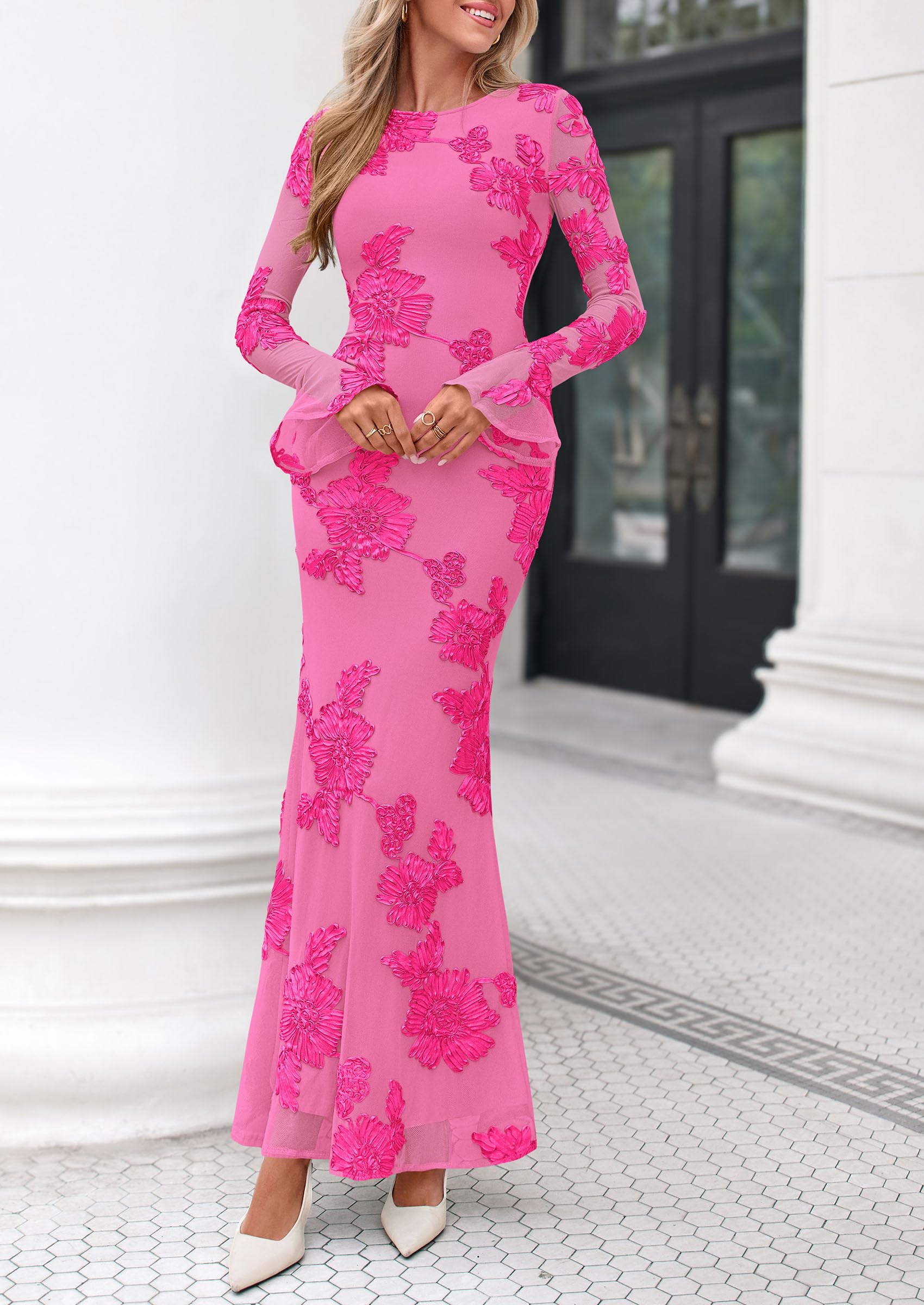 PRETTYGARDEN Women's Formal Floral Maxi Bodycon Dresses Ruffle Long Sleeve, Fall Winter Outfits 2026 for Wedding Guest, Homecoming & Cocktail, Slimming Mesh Dress with Lining
