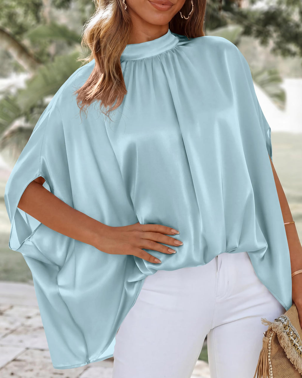 BTFBM Womens Summer Tops Mock Neck Batwing Sleeve Silk Satin Shirts Loose Oversized Dressy Casual Spring Blouses