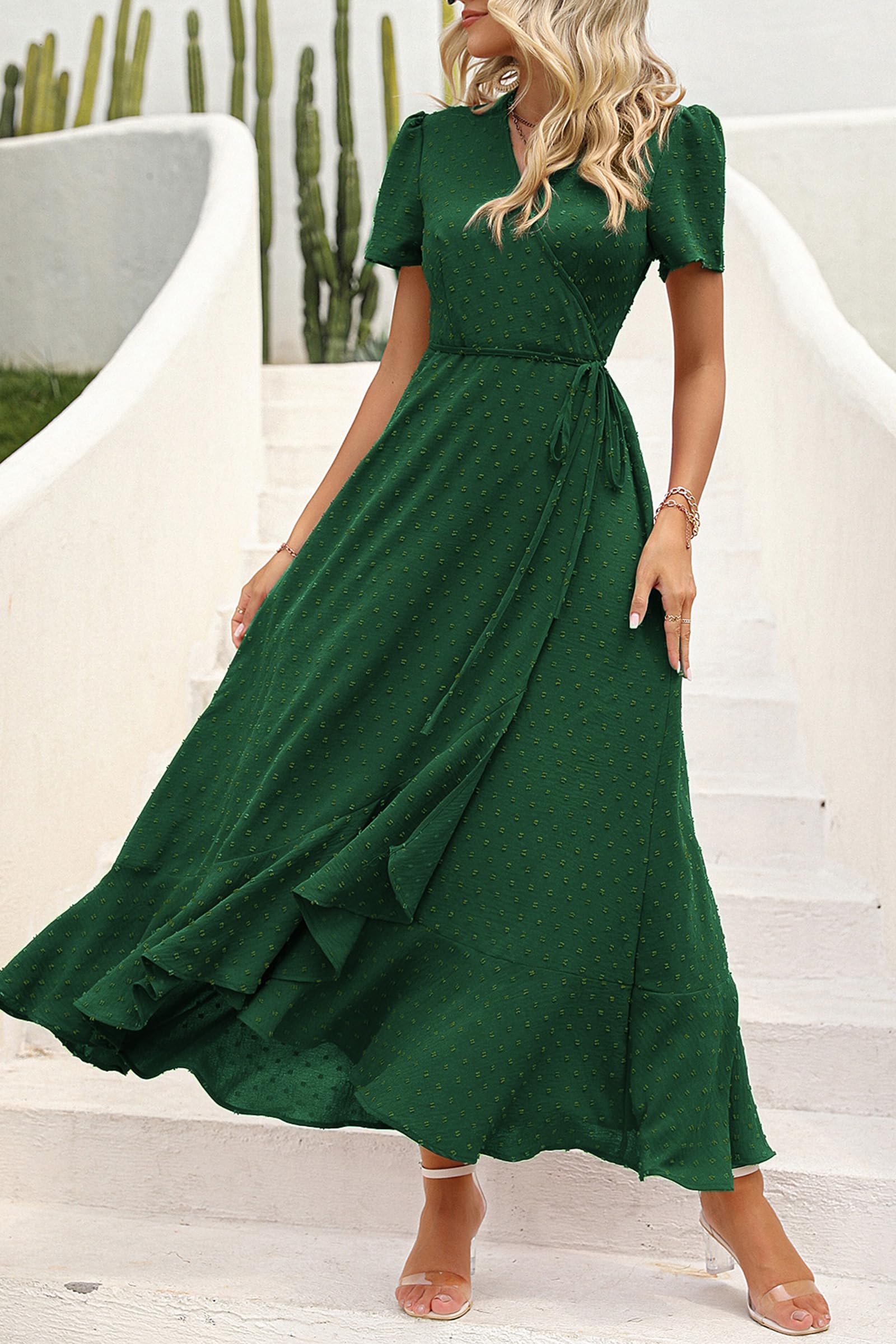 PRETTYGARDEN Women's Boho Floral Maxi Dress Summer Short Sleeve Wrap V Neck Long Flowy Beach Vacation Wedding Guest Dresses