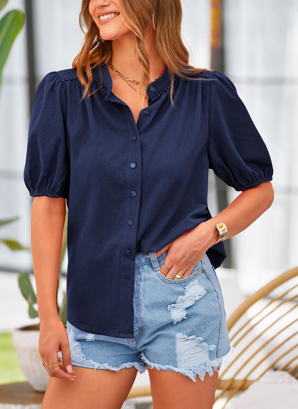 PRETTYGARDEN Women's Summer Button Down Shirts Short Lantern Sleeve V Neck Cotton Cute Dressy Casual Ladies Tops Blouses