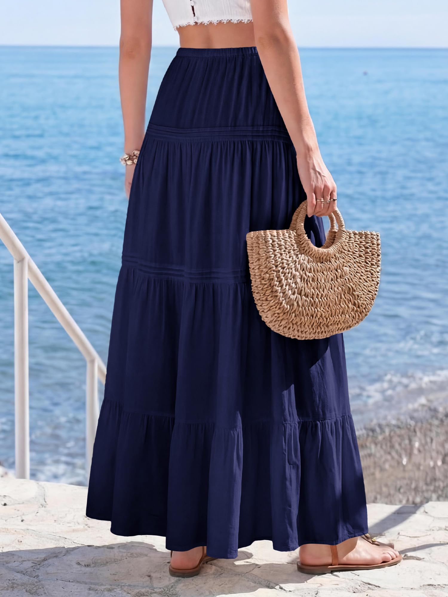 BTFBM Spring Skirts for Women Summer Boho Beach Vacation Clothes Casual Pleated High Waisted Flowy Maxi Skirt