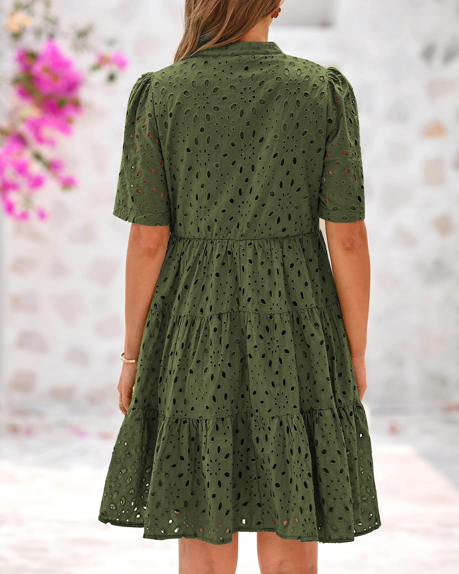 BTFBM Womens Boho Summer Dresses Spring V Neck Short Sleeve Hollow Out Lace Ruffle Casual Beach Mini Vacation Dress