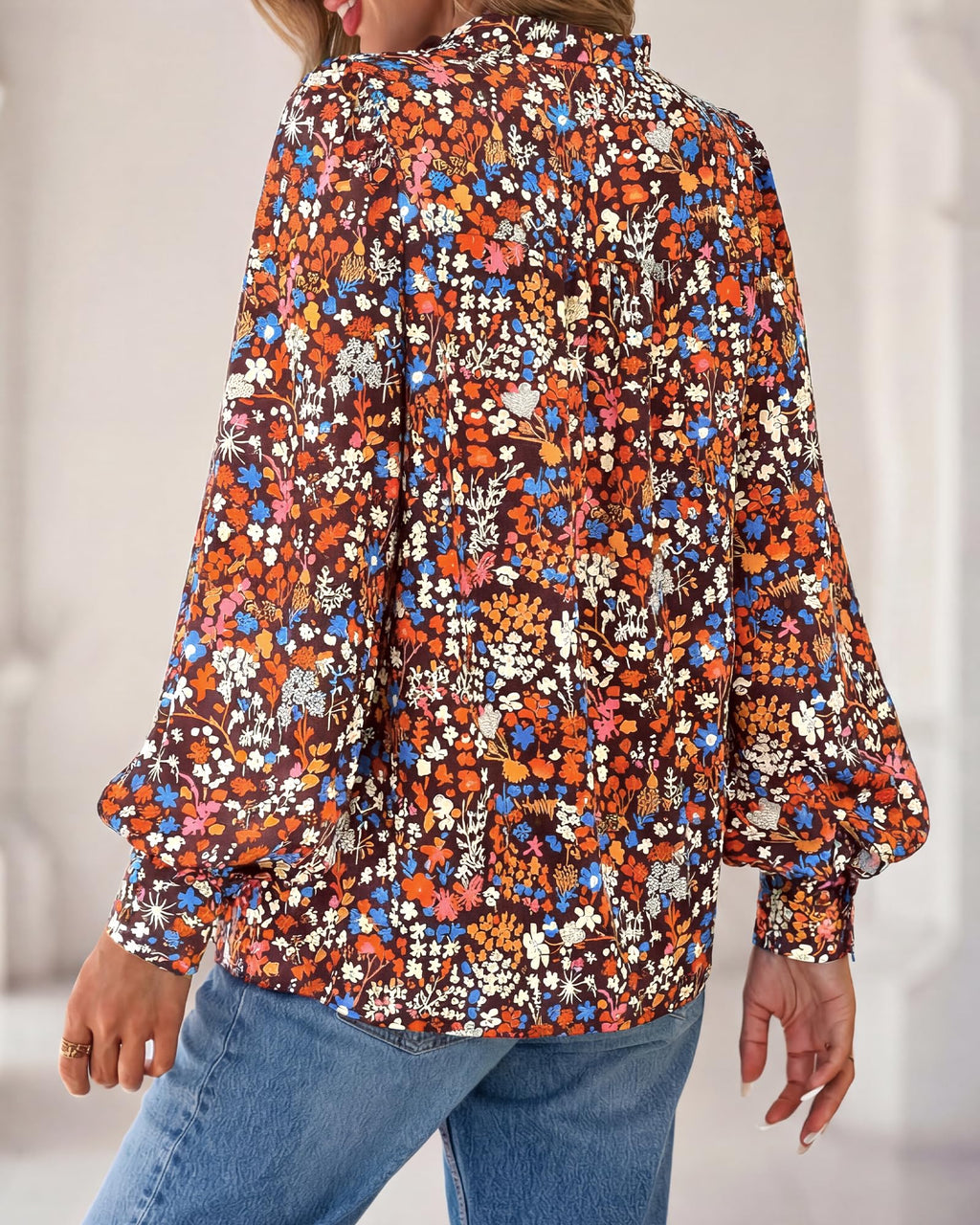 BTFBM Womens Tops Dressy Casual Spring Boho Floral V Neck Long Sleeve Half Button Down Shirt Work Business Blouses