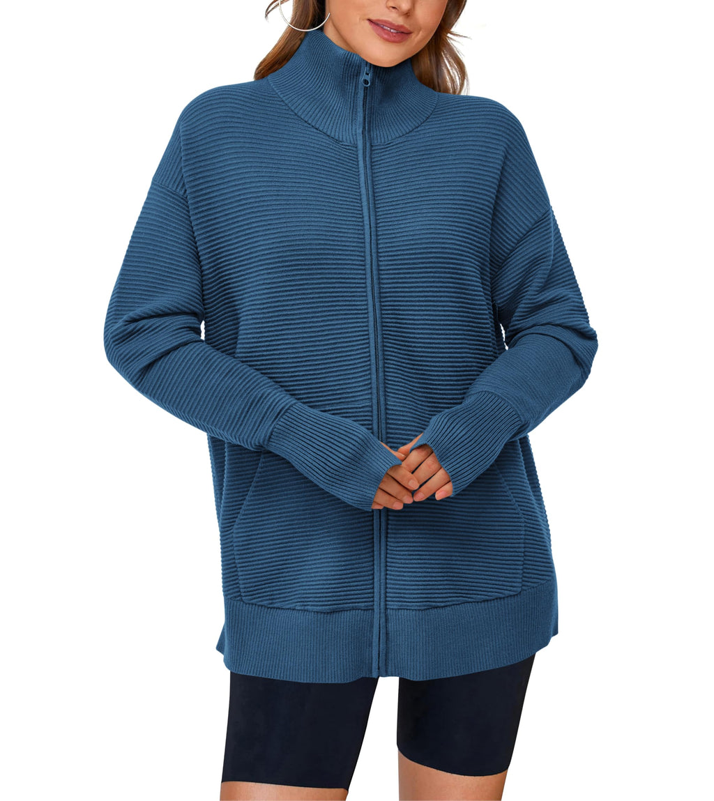 PRETTYGARDEN Womens Fall Long Sleeve Zip Up Cardigan Sweaters Casual Loose Collared Ribbed Knit Tops Jackets Thumb Hole