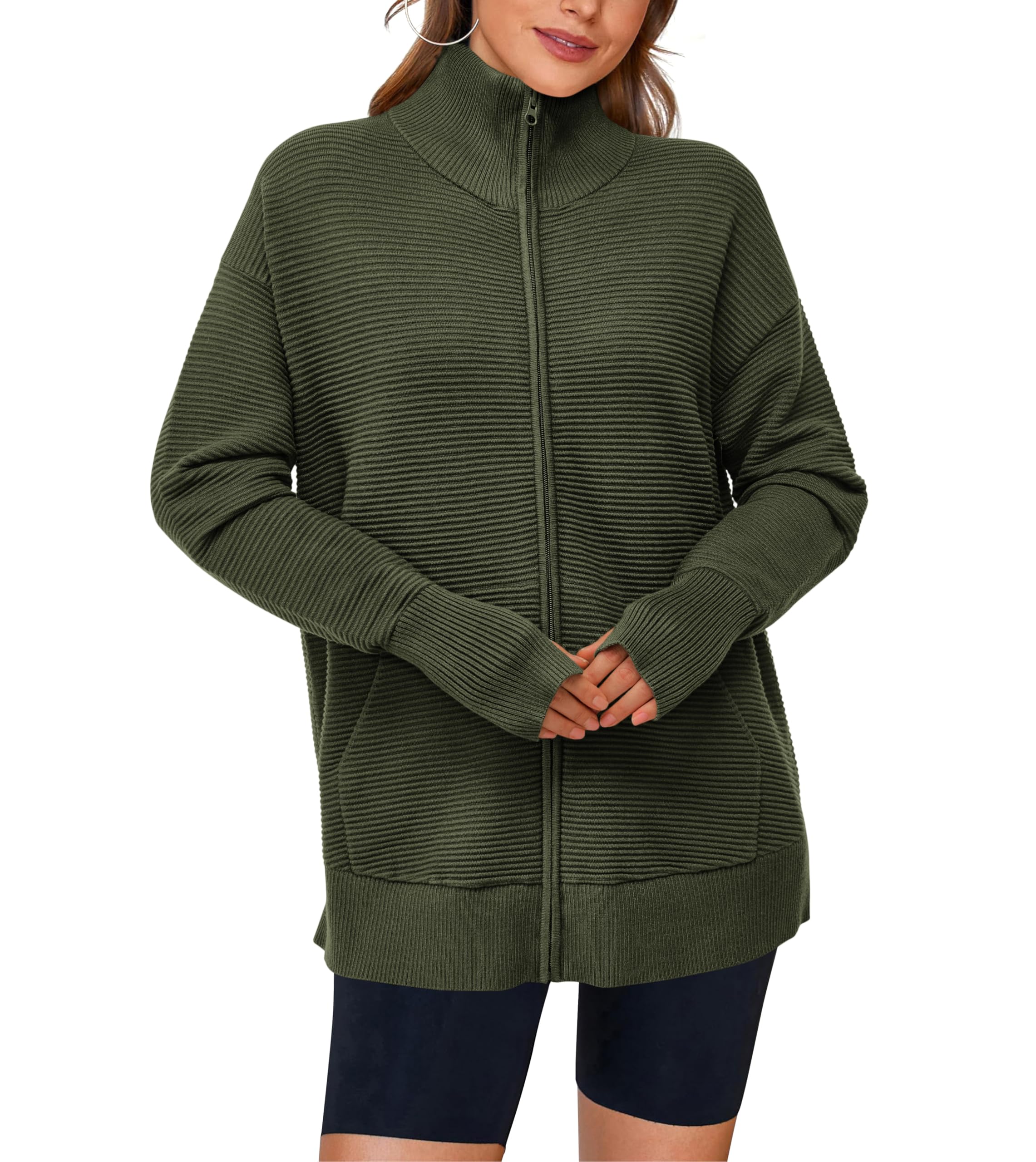 PRETTYGARDEN Womens Fall Long Sleeve Zip Up Cardigan Sweaters Casual Loose Collared Ribbed Knit Tops Jackets Thumb Hole