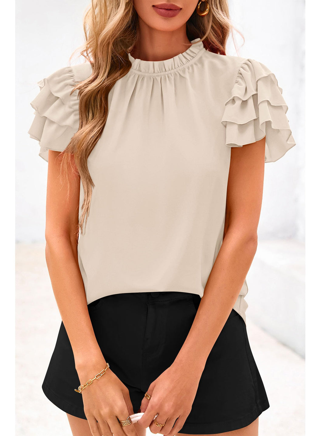FreshPretty Blouses for Women Dressy Casual Spring Summer Ruffle Short Sleeve Mock Neck Work Shirts Tops Fashion Clothing