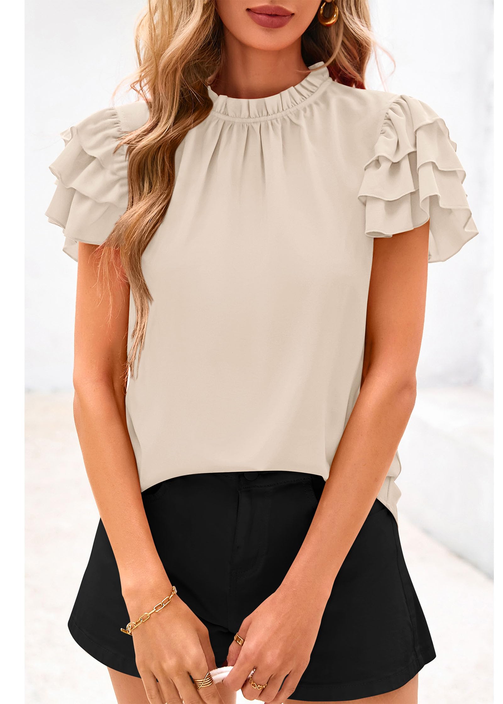 FreshPretty Blouses for Women Dressy Casual Spring Summer Ruffle Short Sleeve Mock Neck Work Shirts Tops Fashion Clothing