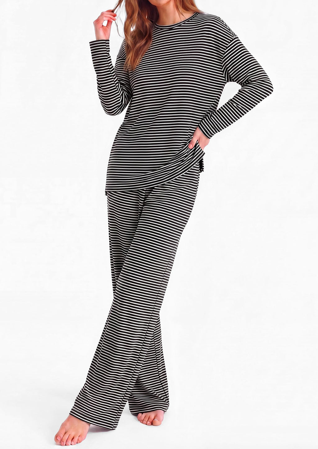 PRETTYGARDEN Womens Striped Lounge Set Fall Winter 2 Piece Sets Side Slit Long Sleeve T-Shirts & Wide Leg Pants, Matching Pajama Sets, Comfy Pj Set, Loungewear with Pockets, Fashion Clothes