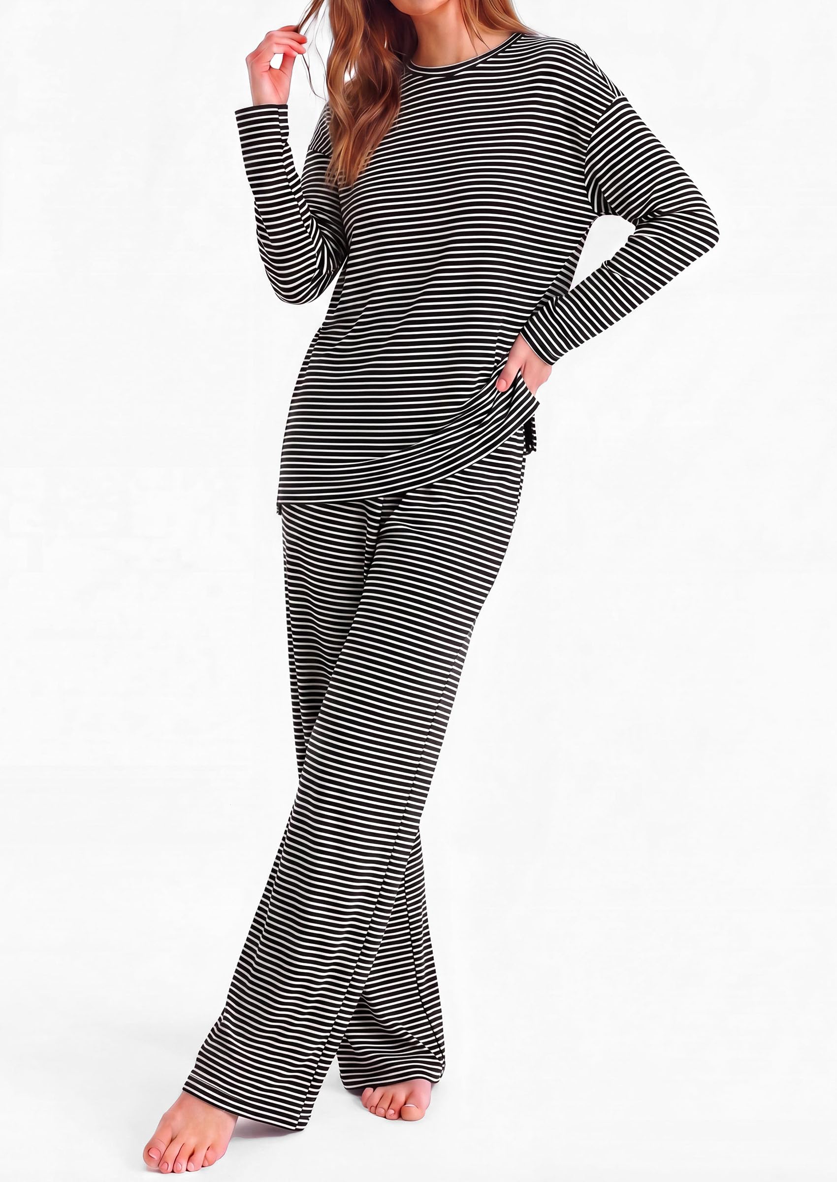 PRETTYGARDEN Womens Striped Lounge Set Fall Winter 2 Piece Sets Side Slit Long Sleeve T-Shirts & Wide Leg Pants, Matching Pajama Sets, Comfy Pj Set, Loungewear with Pockets, Fashion Clothes