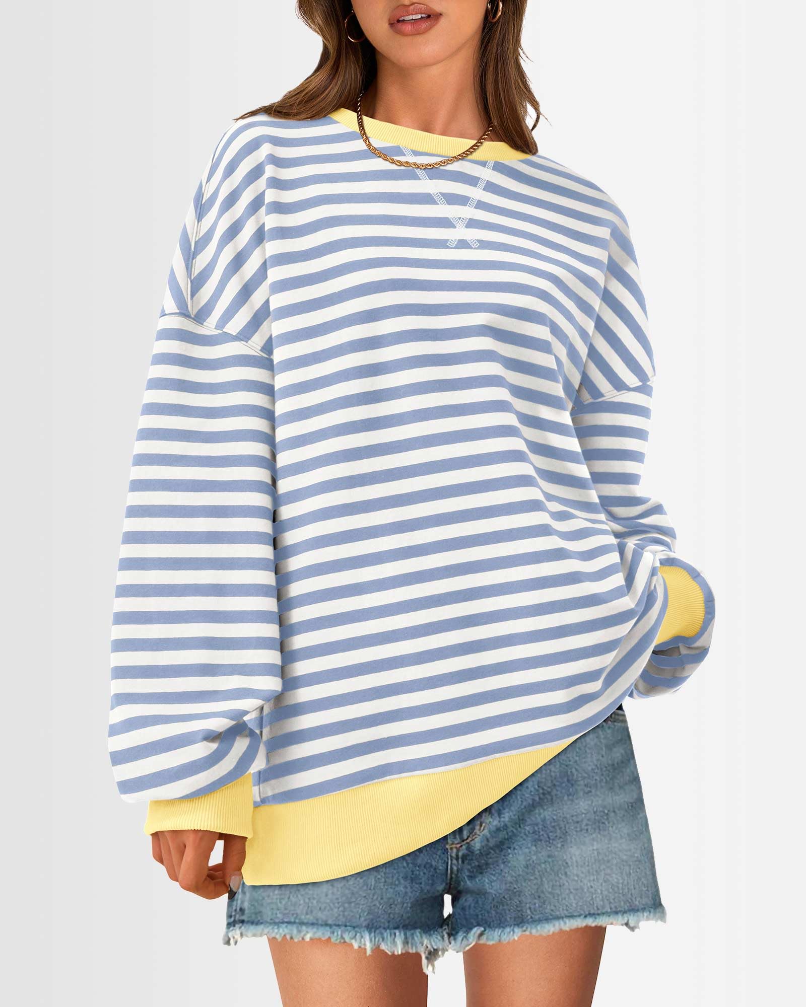BTFBM Sweatshirt For Women Summer Crewneck Long Sleeve Oversized Striped Pullover Tops Y2K Clothes Workout Shirt