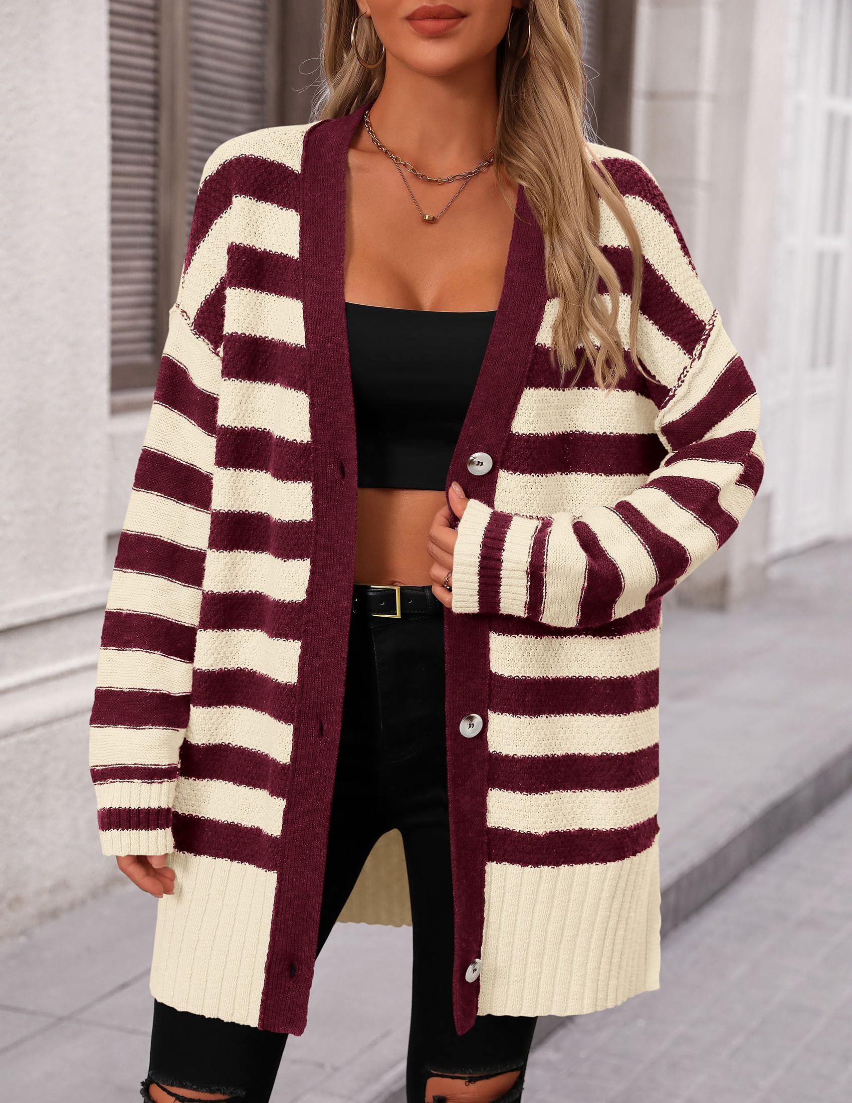 PRETTYGARDEN Women's Winter Striped Cardigan Sweaters Long Sleeve Button Down Open Front Chunky Knit Oversized Sweater Coat