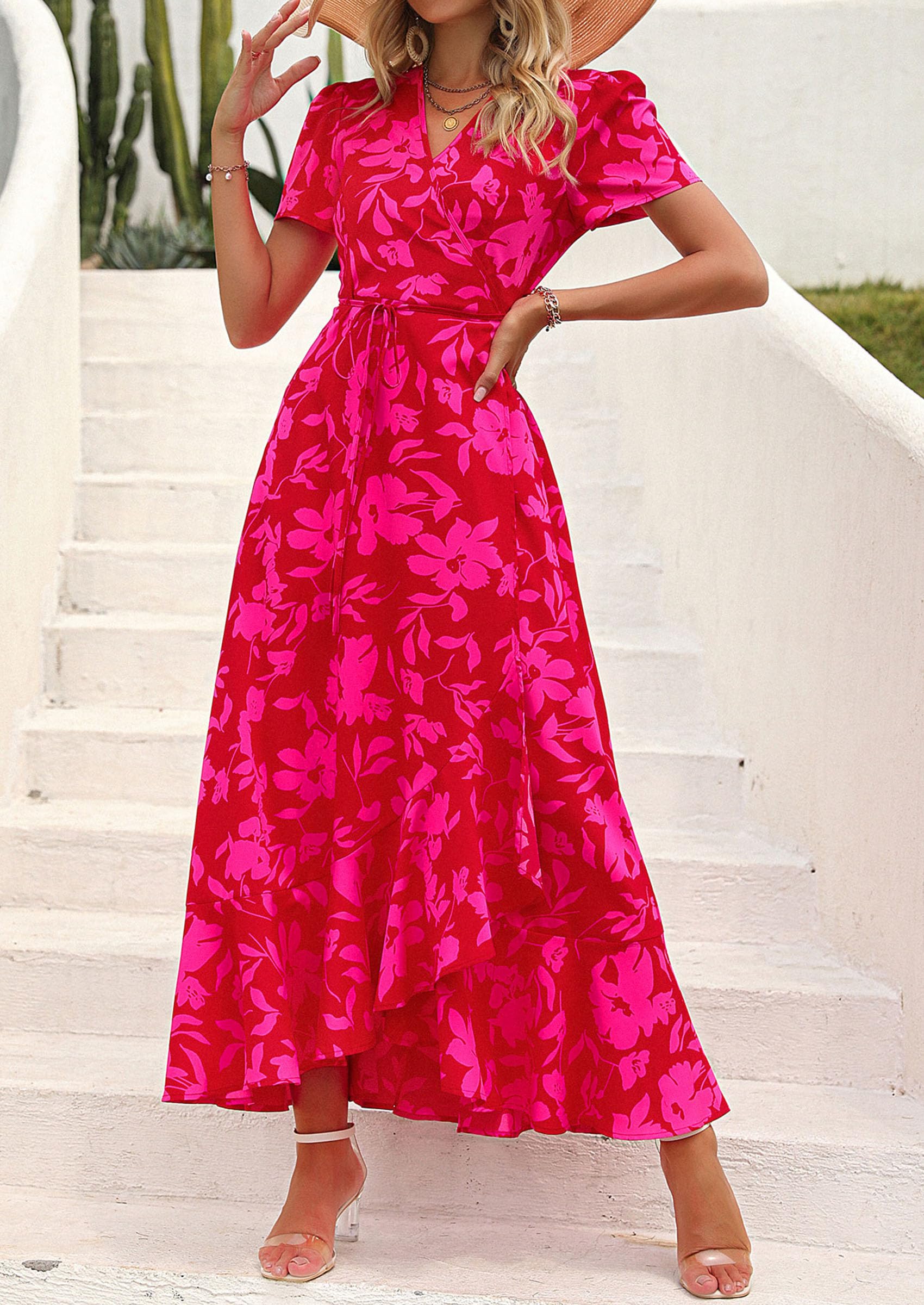 PRETTYGARDEN Women's Summer Maxi Dress Casual Wrap Floral Boho Short Sleeve V Neck Split Ruffle Beach Long Dresses