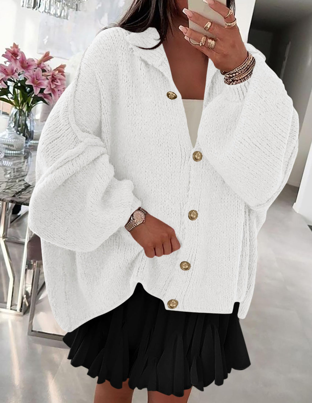 PRETTYGARDEN Women's Winter Button Down Cardigan Sweaters Mock Neck Lantern Long Sleeve Chunky Knit Jacket Trendy Outerwear