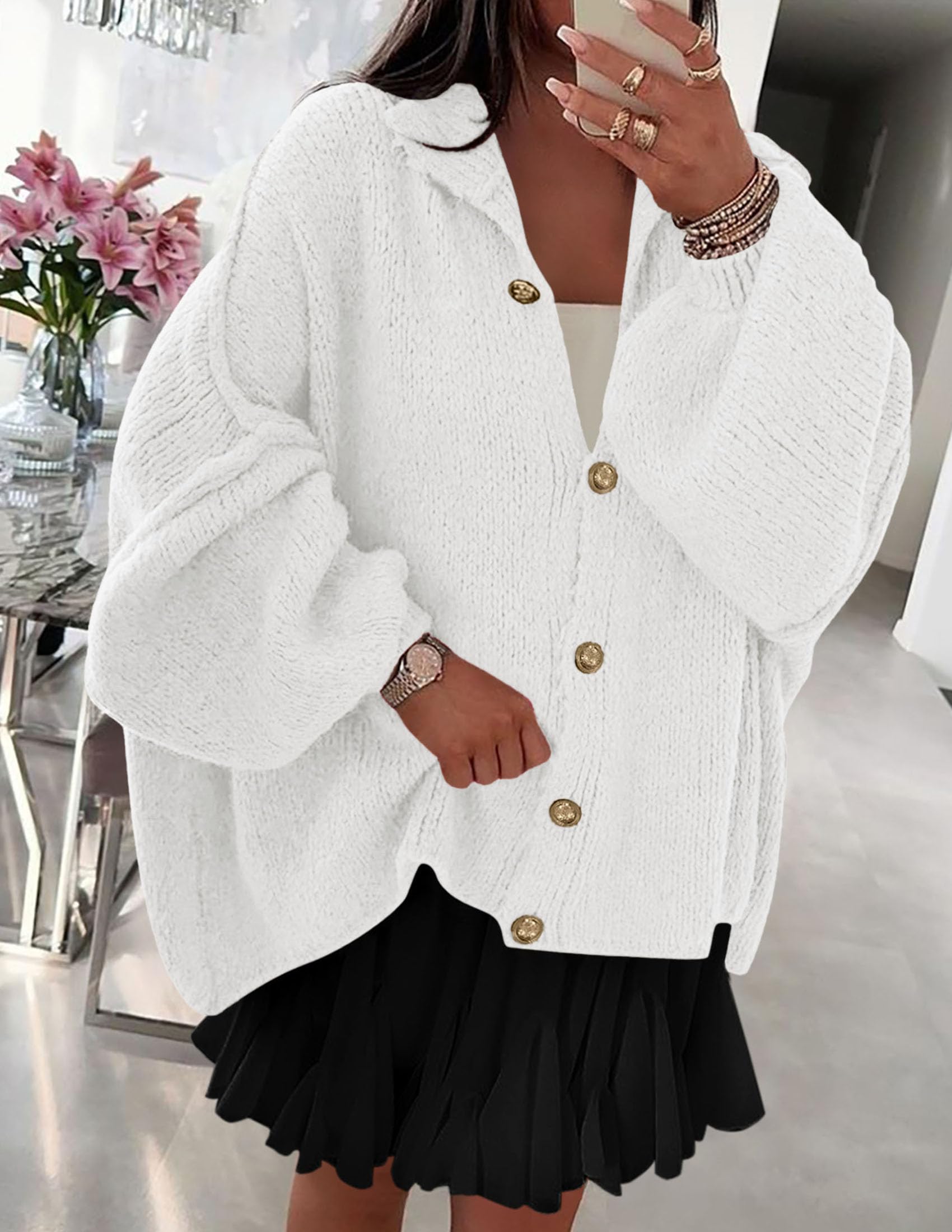 PRETTYGARDEN Women's Winter Button Down Cardigan Sweaters Mock Neck Lantern Long Sleeve Chunky Knit Jacket Trendy Outerwear