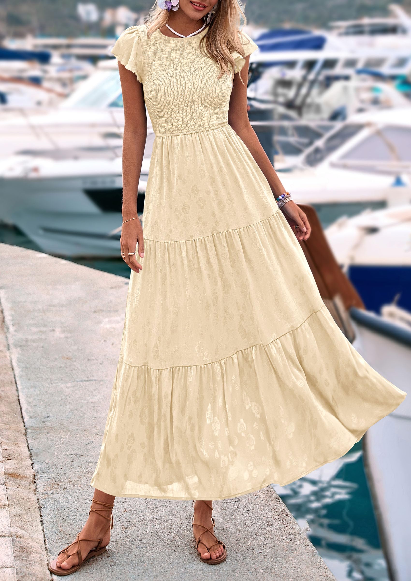 PRETTYGARDEN Wedding Guest Dresses for Women Summer Floral Cap Sleeve Smocked A Line Long Elegant Party Boho Dress